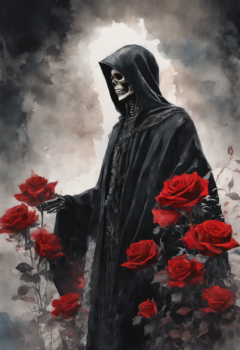 robed figure, skeleton, mystical, dark, black robe, blood red rose, strong contrast, darkness, bright rays of light behind, the sea in the background, watercolor effect, lwatercolor, painting, masterpiece, best quality, ultra-detailed, intricate details, depth of fie