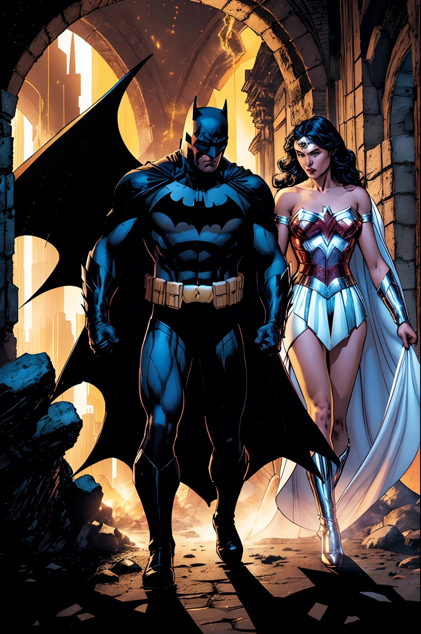 Batman esta no Inferno, Inferno de Dante,  and tries to get out of the red lavas around him with the strength of the Angels of heaven who emit white light to dry the fiery lavas on the ground so he can walk and come out of the depths of darkness, Blue and white neon lights are seen on the ground and bridge the gap between hell and Earth, at the end of his walk, Batman sees Gotha city illuminated in white light, He meets the Wonder Woman who illuminated by the angels in white and yellow, embraces him, Going beyond the gates of hell Batman also envontrs his smigo THE FLASH.