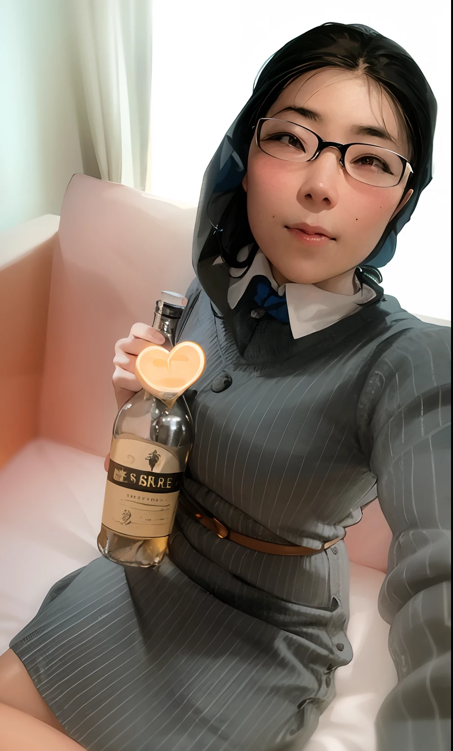 Woman in dress holding bottle of alcohol, Inspired by Rubin Bojan, wearing a fisher 🧥, dressed like a cleric, 🤠 Using a 🖥, with a drink, inspired by Taiyō Matsumoto, Inspired by Bernardino May, captured on iphone, Inspired by Yukihiko Yasuda