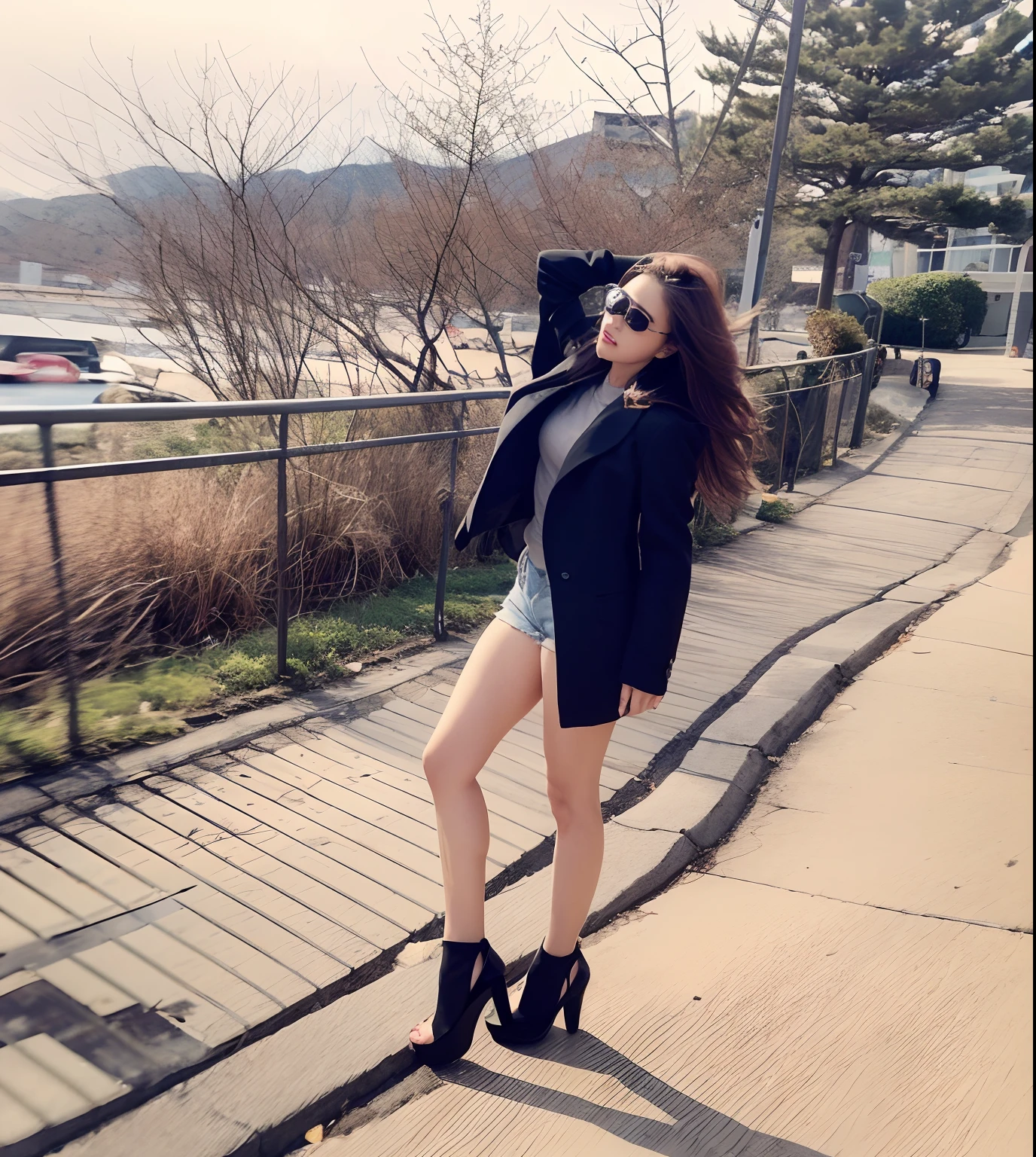A Japanese Lady、beauitful face、二重まぶた、Big eyes、cabelos preto e longos、Black sunglasses、Black coat、Micro shorts、beauty legs、Raw feet、Clean bare feet、pin heels、tall、super long legs、model poses、Sexy legs、heavy wind、Hair disheveled in the wind