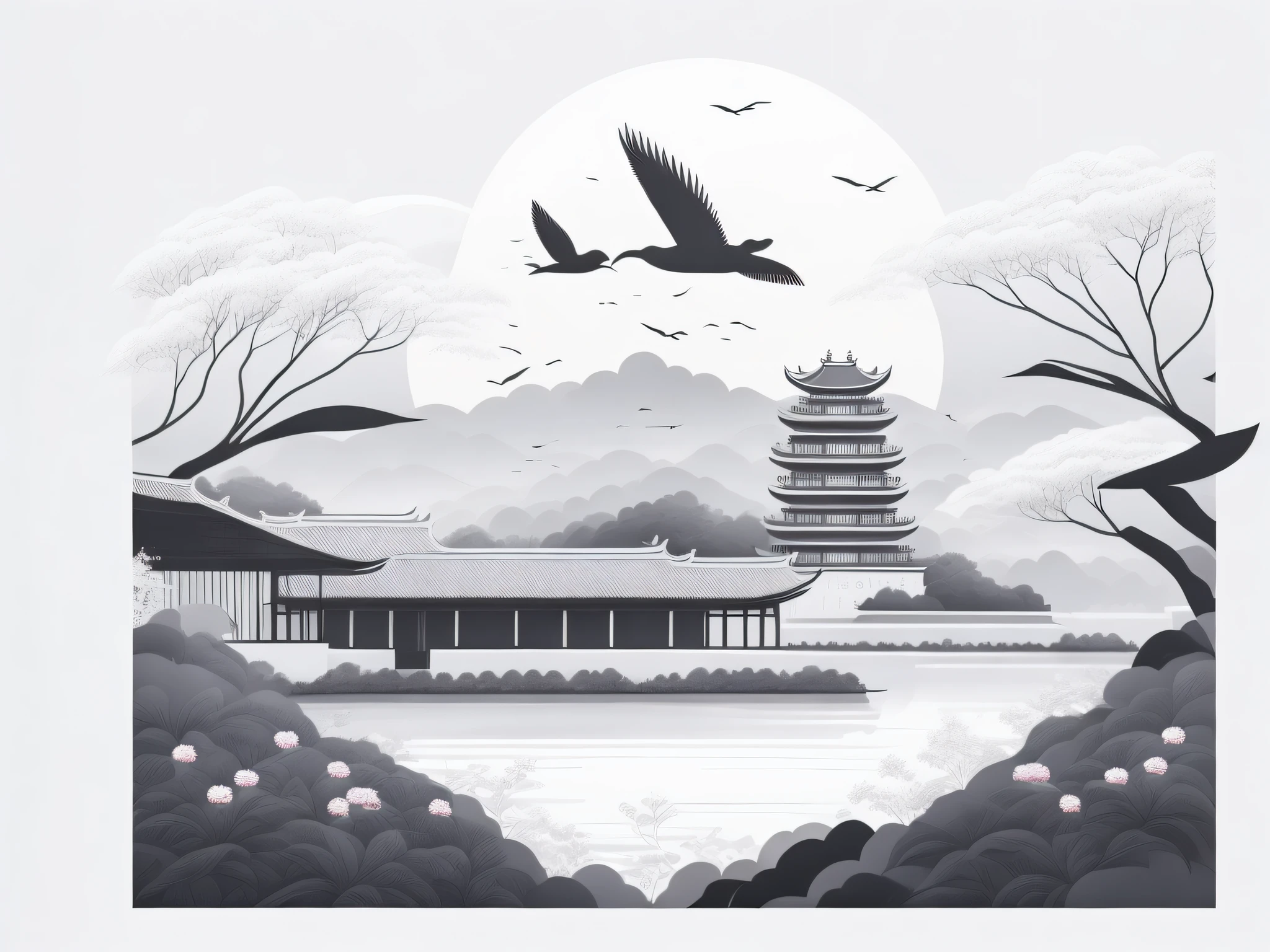 View of Jiangmen Diaolou,There are flowers and plants near the watchtower,The visual effect has a depth of field effect,Minimalist style,Black and white tones,There are white cranes,Japanese illustration simple line design,rzminjourney,Vector art Hydro74