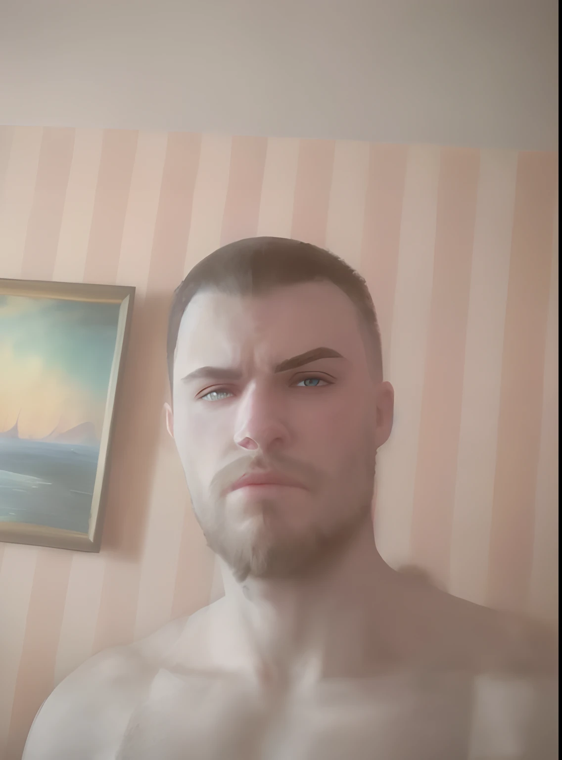 ((masterpiece)), (8k, high_resolution), (best quality), beautiful eyes, detailed eyes, (bald hairstyle), bald man, bristle, cinematic lighting, fantasy character, wearing armor, lineage 2, mmorpg, mmo, there is a man that is standing in front of a painting, around 19 years old, profile picture 1024px, around 20 yo, neckbeard, with a small beard
