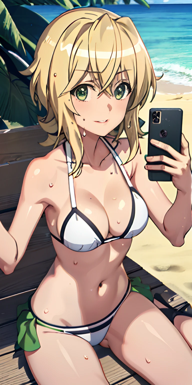 realistic, selfie, 1girl, kirika akatsuki, blonde hair, green eyes, parted lips, blush, makeup, light smile, bikini, beach, sweat, wet, light rays, glow, thighs, collarbone, narrow waist, (masterpiece), wallpaper,