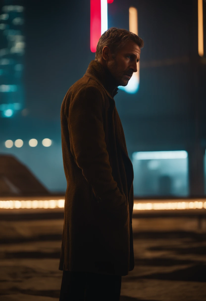 "homem negro, the enigmatic protagonist of Blade Runner 2049, It lies on the edge of a bustling metropolis. As he looks out over the neon-lit cityscape above a thunderstorm, Skies full of pollution, tristeza, Chovendo, olhando para cima. neon lights, fechar para cima, Wet, Joe, o protagonista de Blade Runner 2049, It's a high, homem magro com um forte, maxilar cinzelado. Ele tem curto, Cabelos escuros, e seus olhos penetrantes seguram uma intensidade sutil. Their facial features are robust, No entanto, There's a certain softness to his expression that suggests an underlying vulnerability. Vestido com um casaco de trincheira desgastado, Joe exudes a sense of stoicism and determination. Ele se move com um passo proposital, exibindo uma fisicalidade que reflete seu treinamento como Blade Runner. batalha danificada, machucar, fechar para cima do rosto,