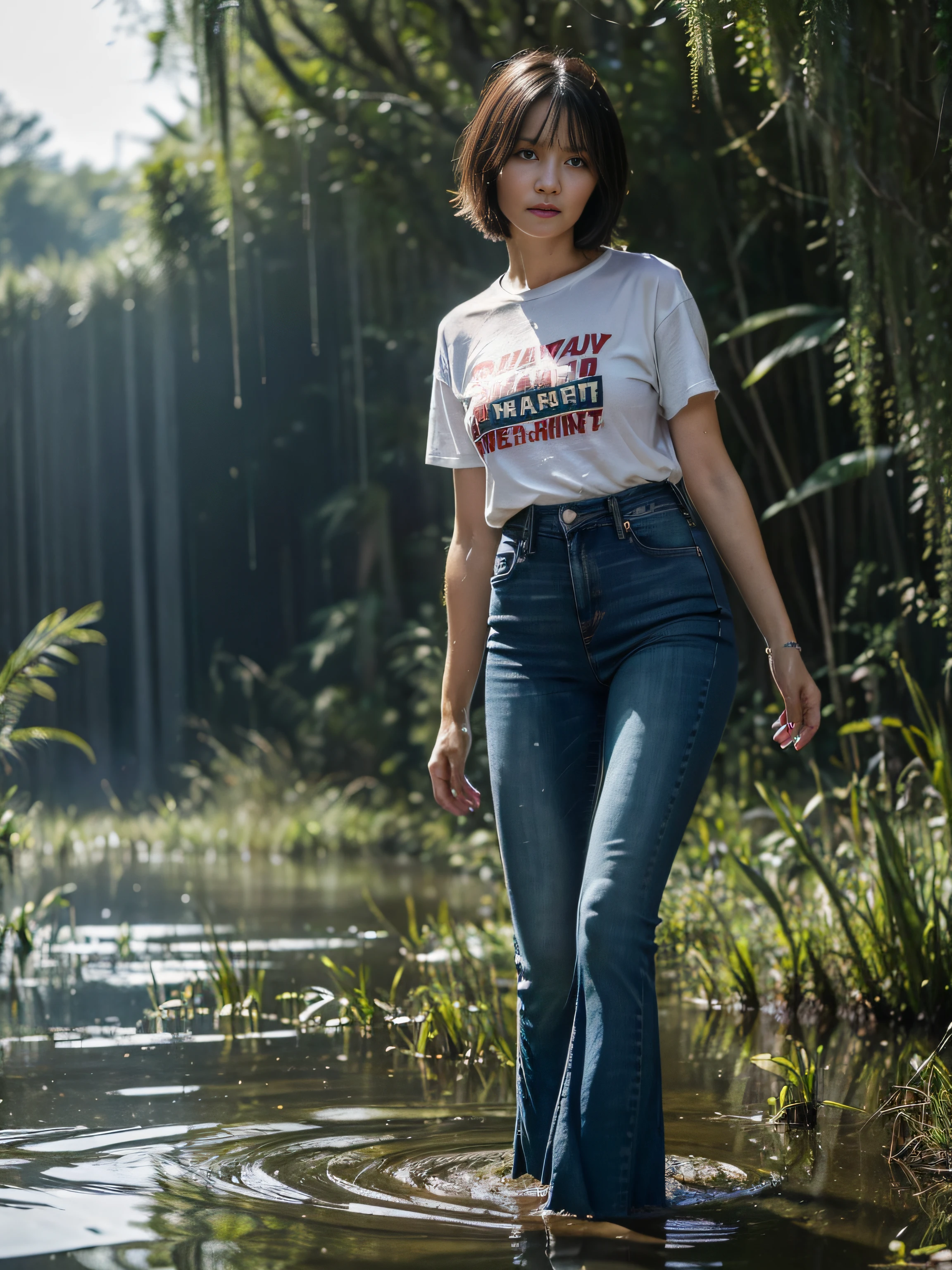 (Wide flares on jeans:1.1), (Blot your clothes through:1.1), (Best Quality,hight resolution,bokeh:1.2),(milf),(Standing at full height up to your ankles in a swamp:1.0),Pronounced wrinkles,Bob haircut,Detailed eyes and face,tshirt,expression of despair,电影灯光,desperation,(Drowning in a swamp below the knee:1.2), Posing