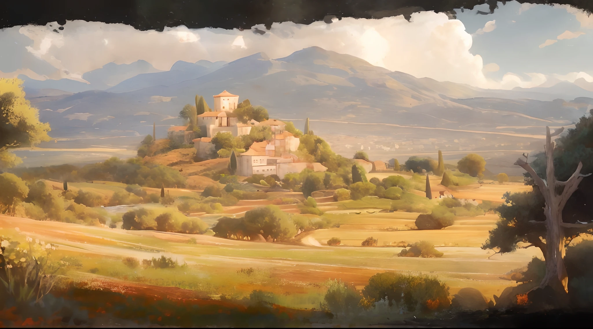 painting of a landscape with a castle on a hill in the distance, painterly concept art, martin raphael lacoste, style of raphael lacoste, silvain sarrailh, inspired by Raphael Lacoste, painted as a game concept art, concept art world, concept world art, stylized concept art, digital painting concept art, environment painting, southern european scenery