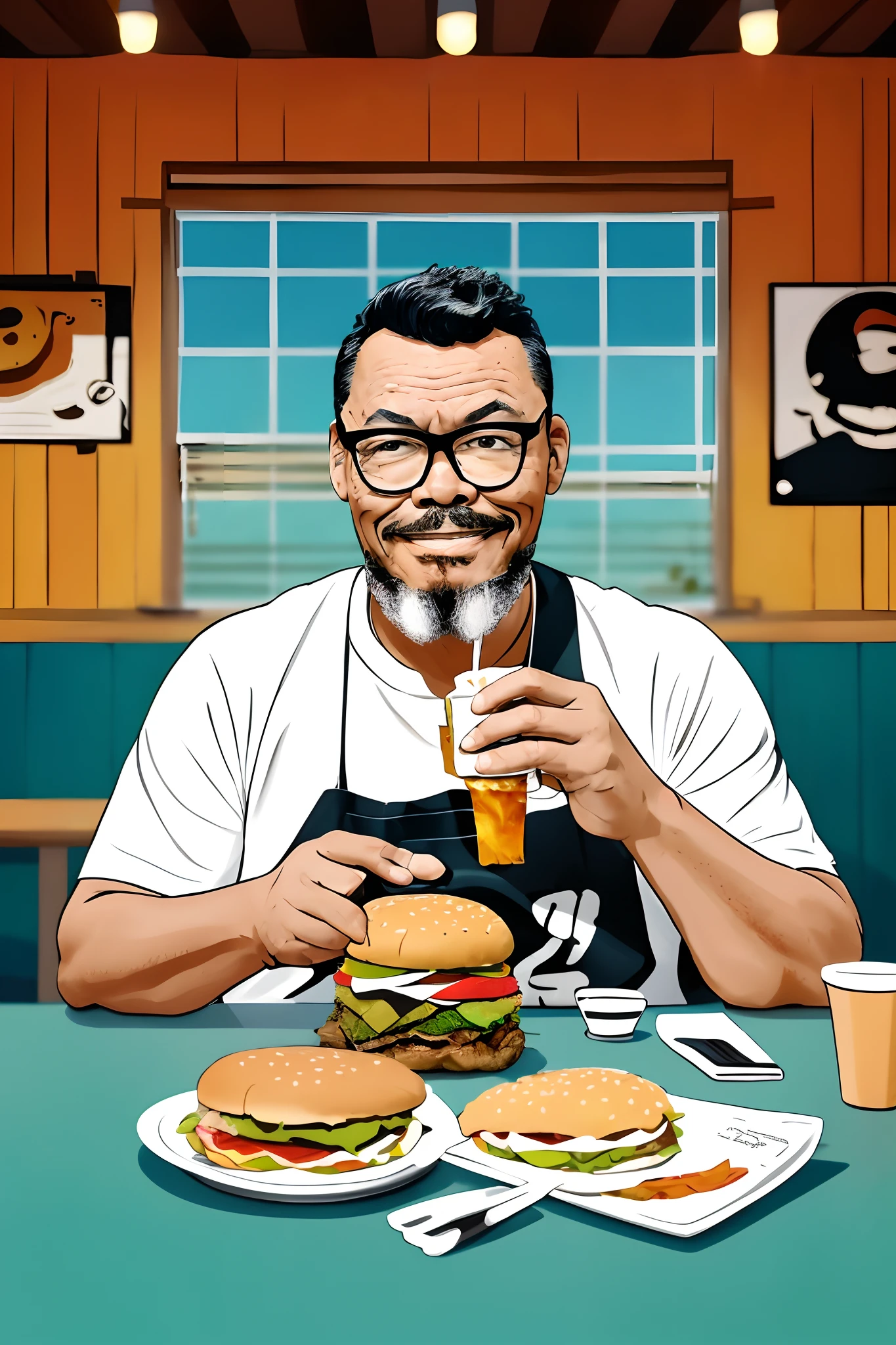 guttojugg1, Create a 2D illustration featuring a man wearing glasses who is enjoying a hamburger. The man should be depicted sitting at a table or in a casual setting. He's focused on the burger, with a satisfied expression on his face as he takes a bite. The hamburger should be visually appealing and detailed, with all the classic ingredients, and the man should be rendered in a relaxed and relatable style.