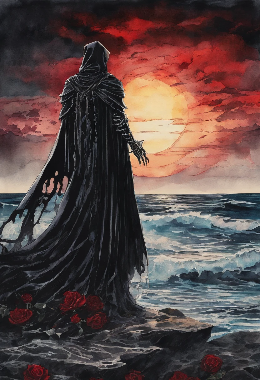 robed figure, skeleton, mystical, dark, black robe, blood red rose, strong contrast, darkness, bright rays of light behind, the sea in the background, watercolor effect, lwatercolor, painting, masterpiece, best quality, ultra-detailed, intricate details, depth of fie