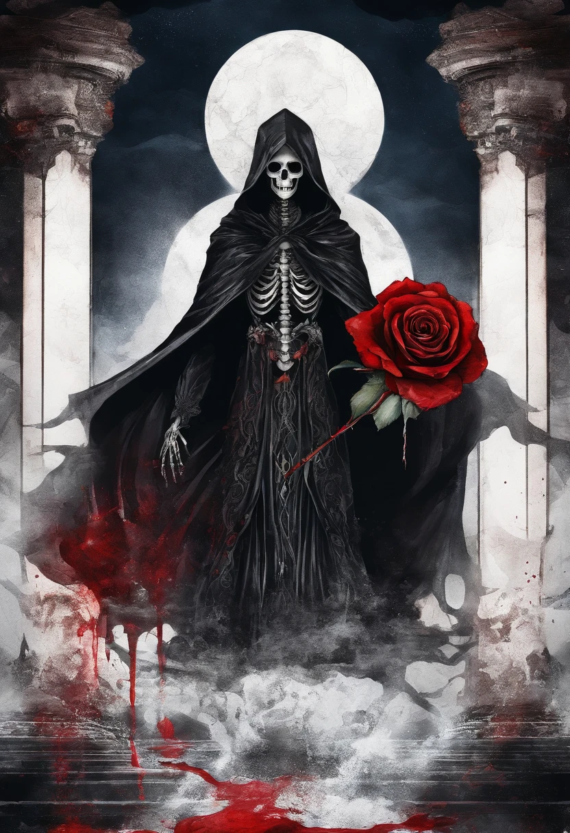 robed figure, skeleton, mystical, dark, black robe, blood red rose, strong contrast, darkness, bright rays of light behind, the sea in the background, watercolor effect, lwatercolor, painting, masterpiece, best quality, ultra-detailed, intricate details, depth of fie