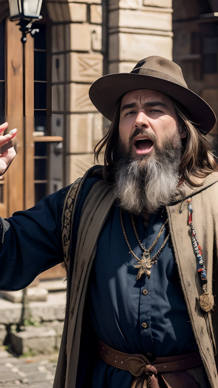 A medieval herald on a medieval street loudly chants an announcement, Addressing the townspeople, dressed in early medieval clothes, (Expressive articulation:1.4), Expressive gestures, A medieval herald on a cobbled street in an early medieval town, Alert on important news. He is dressed in traditional medieval attire, with a long cloak and hat, decorated with feathers. His face is weather-beaten and expressive, with detailed eyes, Strong nose, and a thick beard, (Best Quality,4k,8K,hight resolution,Masterpiece:1.2),Ultra-detailed,(Realistic,Photorealistic,photo-realistic:1.37),HDR,UHD,studio lightning,ultra-fine painting,sharp-focus,physical based rendering,extreme detail description,Professional,Vivid colors,bokeh