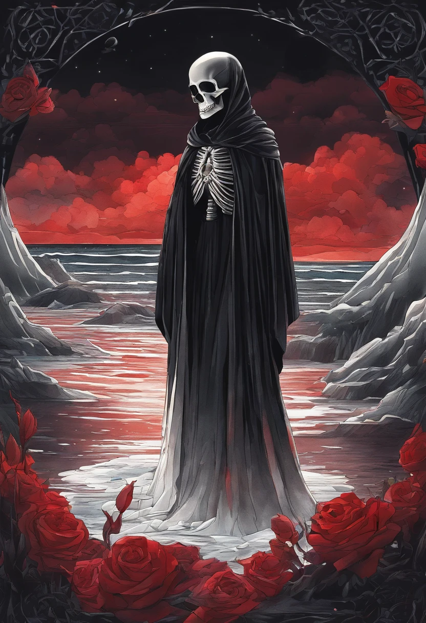 robed figure, skeleton, mystical, dark, black robe, blood red rose, strong contrast, darkness, bright rays of light behind, the sea in the background, watercolor effect, lwatercolor, painting, masterpiece, best quality, ultra-detailed, intricate details, depth of fie