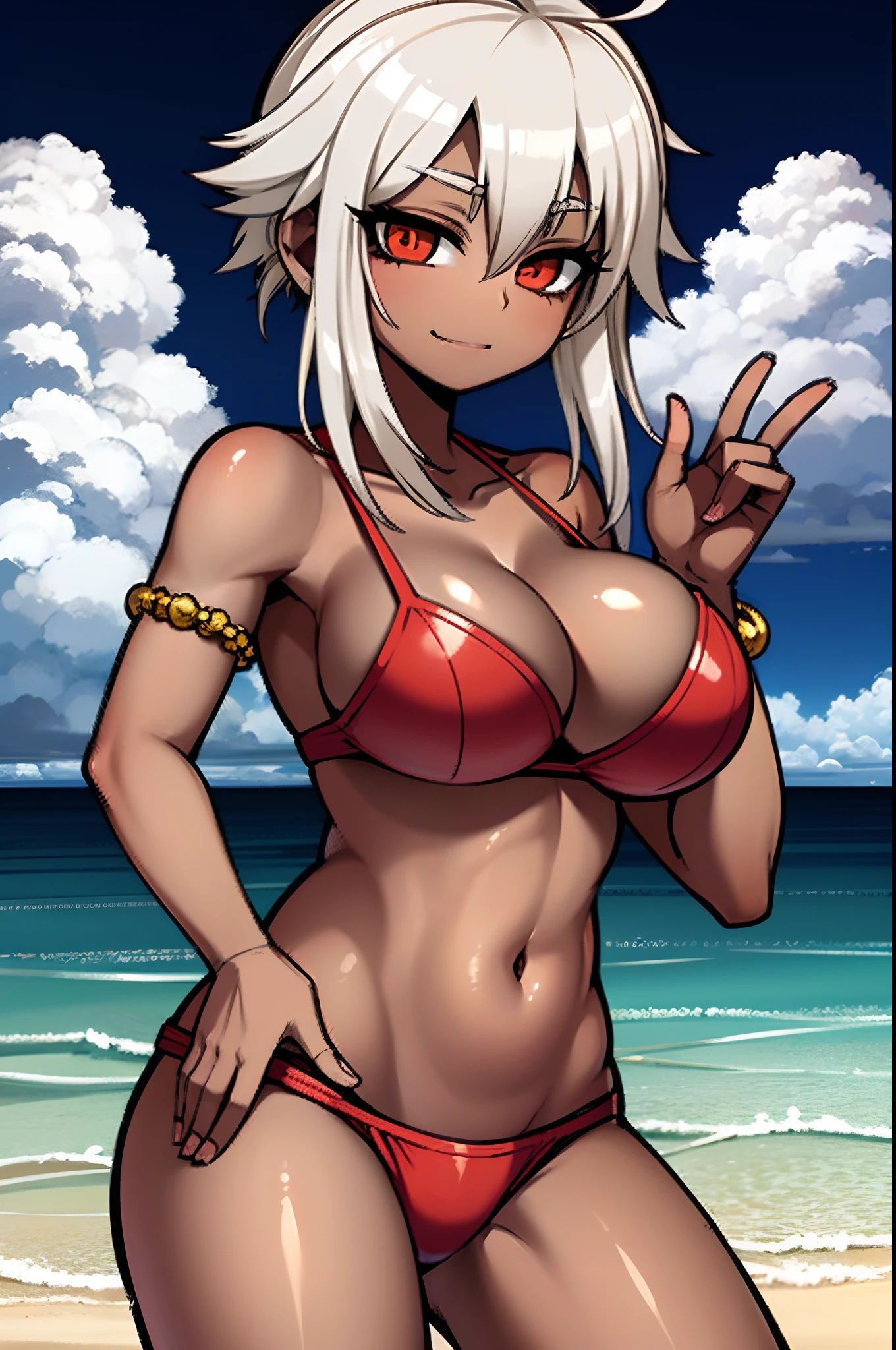 menina anime, com pele negra, In a red bikini on the beach with a full moon in the background, menina anime sedutora, divindade de cabelos brancos, kantai collection style, cabelos brancos, mulher bonita sedutora do anime, cabelos brancos, Konpeki no Kantai, Arte Oficial , na praia,  , Estilo de pista Azur, menina perfeita de cabelos brancos, Encalhado, Personagens de Azur Lane