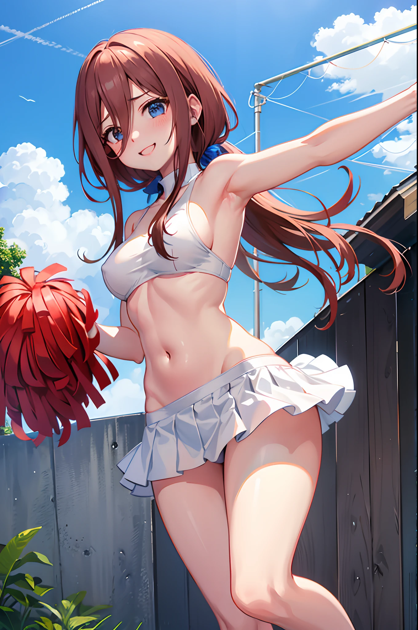Medium tits、a navel、a miniskirt、Red Buruma、Raw feet、armpit、Beautiful thighs、is standing、outside of house、sports ground、red blush、A smile, cheerleaders、pompoms、Raising one leg、Brown hair long hair、panties, upskirt,