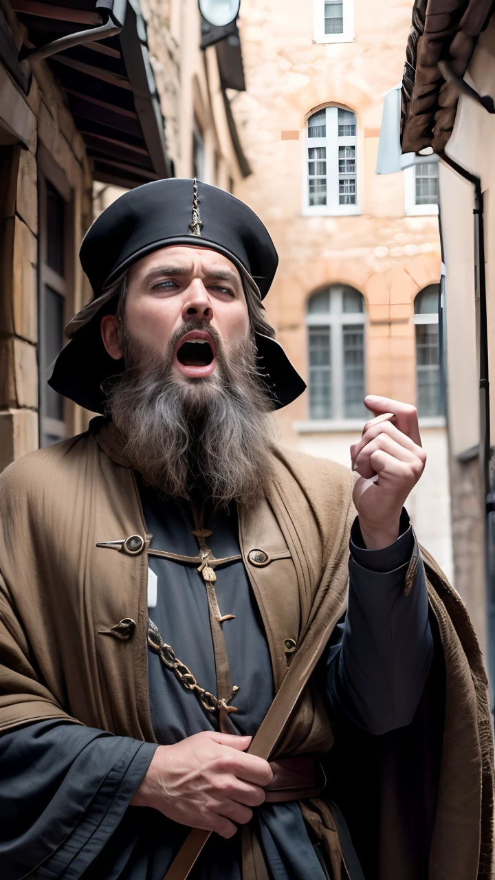 A medieval herald on a medieval street loudly chants an announcement, Addressing the townspeople, dressed in early medieval clothes, (Expressive articulation:1.4), Expressive gestures, A medieval herald on a cobbled street in an early medieval town, Alert on important news. He is dressed in traditional medieval attire, with a long cloak and hat, decorated with feathers. His face is weather-beaten and expressive, with detailed eyes, Strong nose, and a thick beard, (Best Quality,4k,8K,hight resolution,Masterpiece:1.2),Ultra-detailed,(Realistic,Photorealistic,photo-realistic:1.37),HDR,UHD,studio lightning,ultra-fine painting,sharp-focus,physical based rendering,extreme detail description,Professional,Vivid colors,bokeh