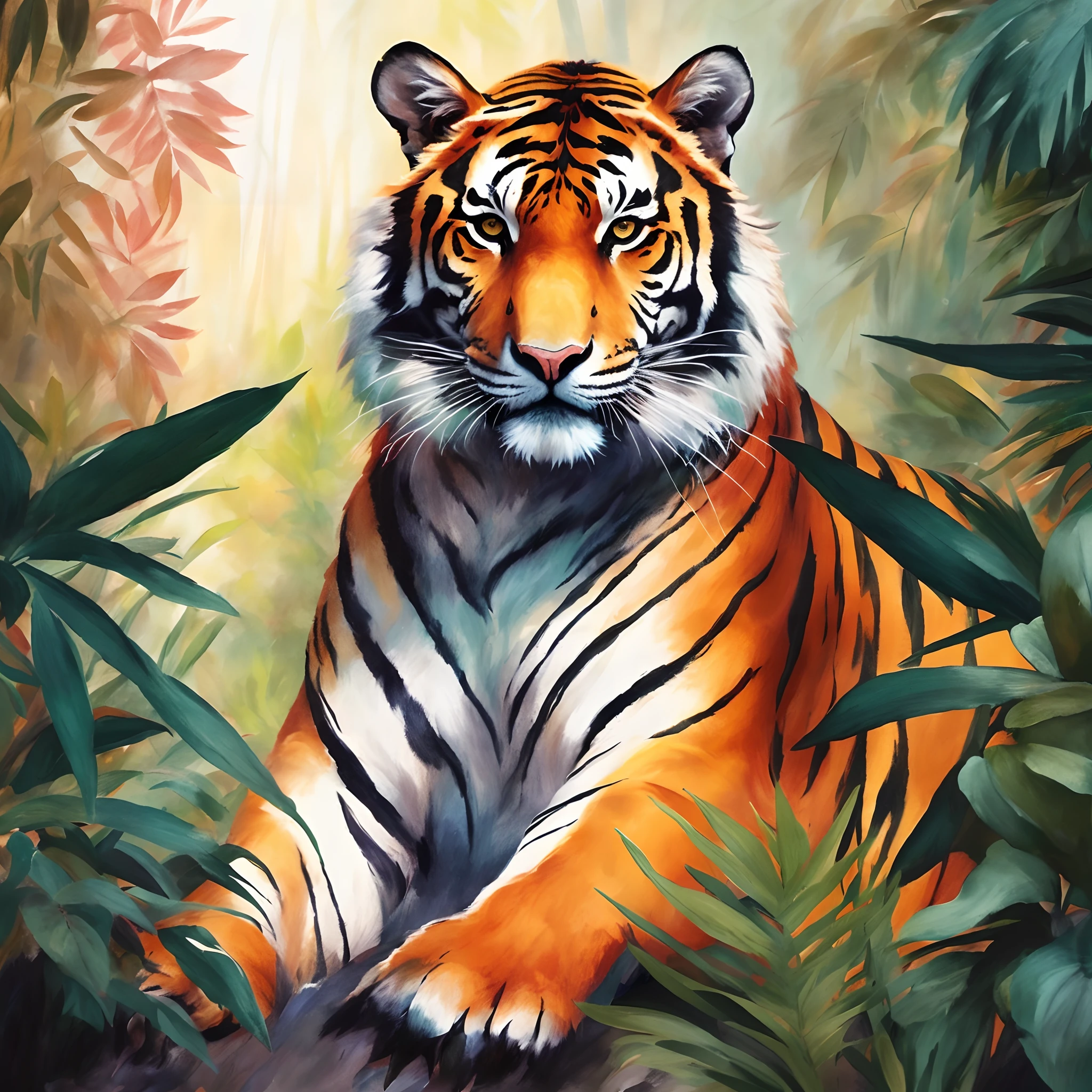 painting of a tiger in the jungle with a lot of leaves, sacred tiger, beautiful painting of a tall, tiger, ((tiger)), a tiger, animal painting, majestic pose, looking majestic in forest, majestic light, majestic painting, high quality digital painting, anthropomorphic tiger, regal pose, detailed beautiful animals, fierce expression, lord of the jungle