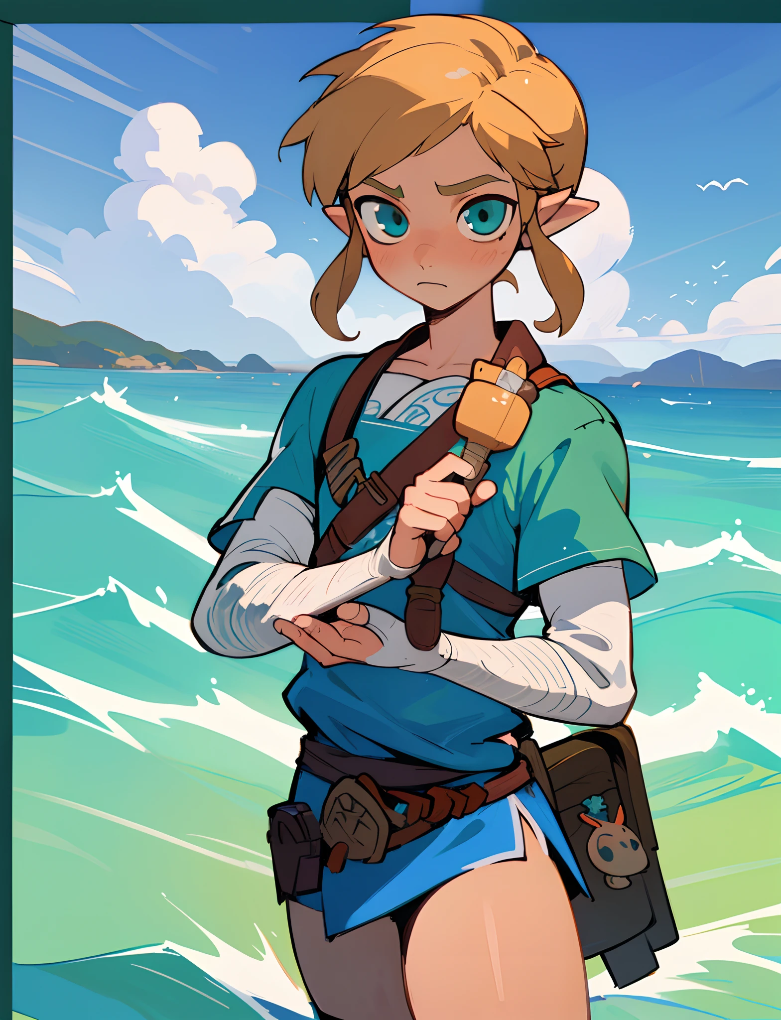 Link, breath of The wild, obra prima, melhor qualidade, highres, ondr, 1boy, uniforme escolar, meias brancas, saia azul, saia plissada, gravata,