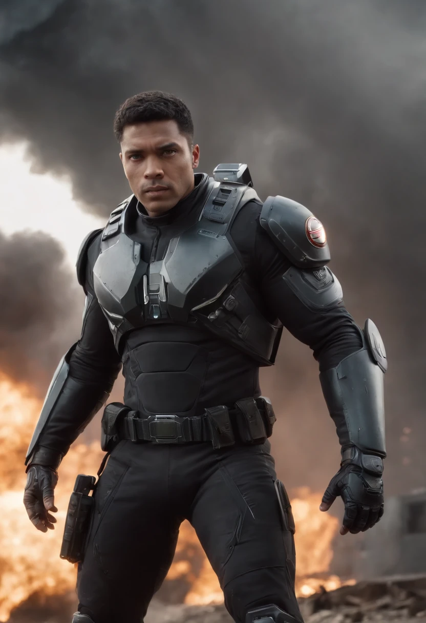 Create a Brazilian mulatto superhero with normal black hair, usar barba, 35 anos, mulato, olhos vermelhos estreitos, Futuro uniforme preto tech contendo detalhes de textura de fibra de carbono e linhas douradas na armadura do terno, use a letra dourada e quadrada " s" like a belt buckle equipped with gadgets and hero weapons, Ele tem 1,90 metros de altura, pesa 100kg e tem um visual preto escuro, Electrical rays come out of your hands, pose de luta enquanto voa, with a futuristic technological weapon on his back and in a scene of destruction with destroyed buildings and people running in the background in desperation, Show that he's full body flying in fight scene, Spaceships fill the skies in the background, Ships ready to attack the hero, Many armed enemy soldiers approach on the horizon to surround the hero, use estilo HQ, Cartoon, criar modelo estilo Marvel e Dc Comics, desenho, 8K分辨率, a lot of whimsy in the fingers of the hands and eliminate deformities in the body in the final result,