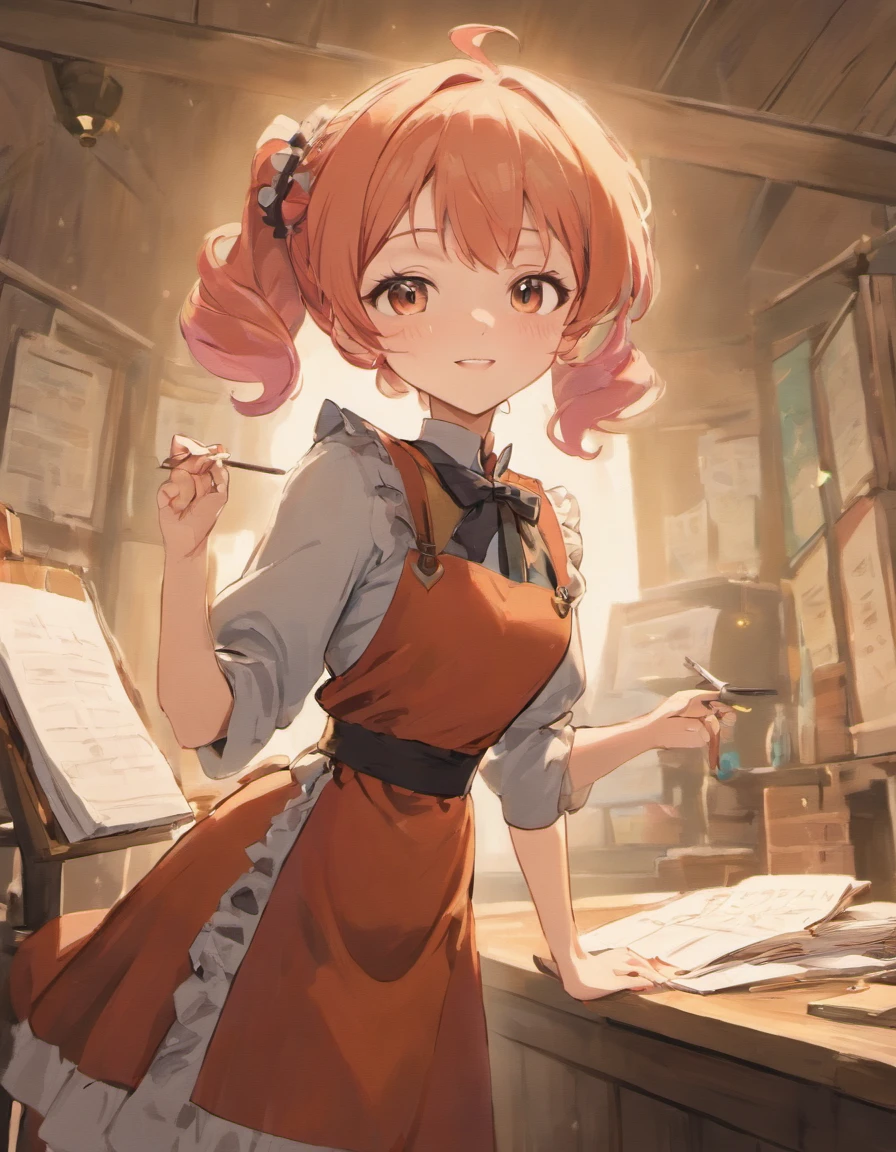 Short woman wearing a brown 1800s style dress with an apron. Shes standing at a desk with a pen and paper and smiling. She has pink hair and red glasses. There are two antenna coming from her head and she has pointy ears with one golden ear cuff on her left ear