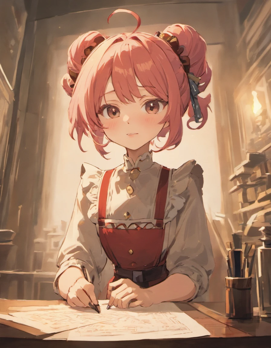 Short woman wearing a brown 1800s style dress with an apron. Shes standing at a desk with a pen and paper and smiling. She has pink hair and red glasses. There are two antenna coming from her head and she has pointy ears with one golden ear cuff on her left ear