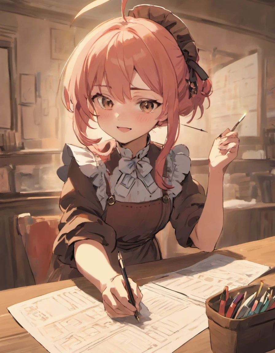 Short woman wearing a brown 1800s style dress with an apron. Shes standing at a desk with a pen and paper and smiling. She has pink hair and red glasses. There are two antenna coming from her head and she has pointy ears with one golden ear cuff on her left ear