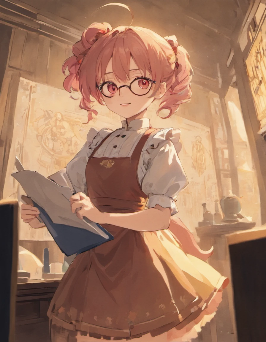 Short woman wearing a brown 1800s style dress with an apron. Shes standing at a desk with a pen and paper and smiling. She has pink hair and red glasses. There are two antenna coming from her head and she has pointy ears with one golden ear cuff on her left ear