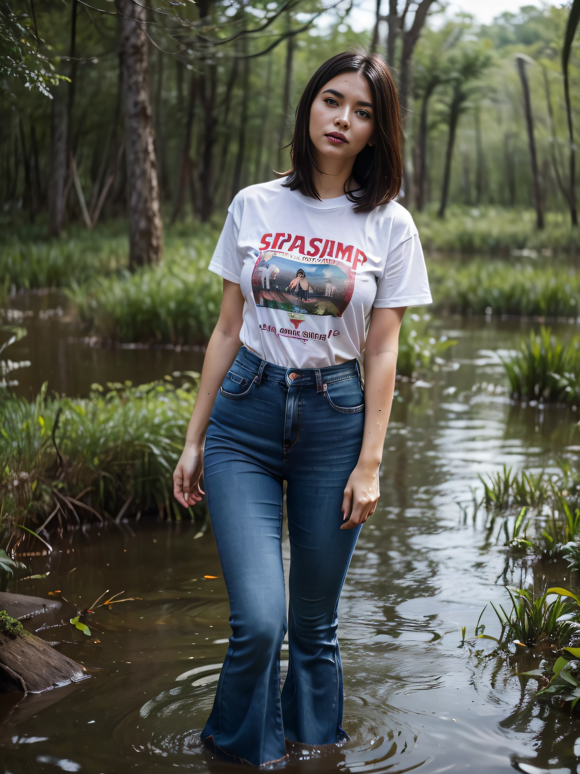 (Wide flares on jeans:1.15), (Blot your clothes through:1.15), (Best Quality,hight resolution,bokeh:1.2),(Milf),(Standing at full height up to your ankles in a swamp:1.0),Pronounced wrinkles,Bob haircut,Detailed eyes and face,tshirt,expression of despair,电影灯光,desperation,(Drowning in a swamp below the knee:1.15), Posing