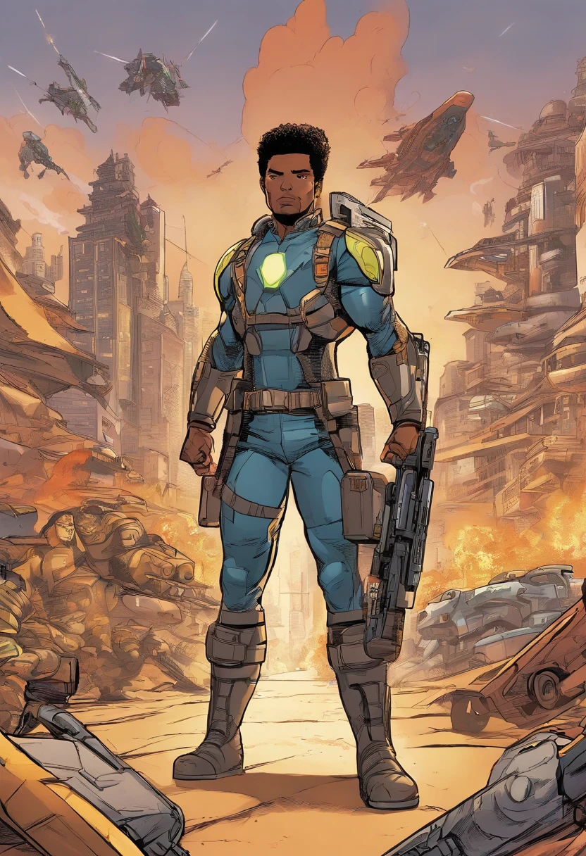 Create a Brazilian mulatto superhero with normal black hair, usar barba, 35 anos, mulato, olhos vermelhos estreitos, Futuro uniforme preto tech contendo detalhes de textura de fibra de carbono e linhas douradas na armadura do terno, use a letra dourada e quadrada " s" like a belt buckle equipped with gadgets and hero weapons, Ele tem 1,90 metros de altura, pesa 100kg e tem um visual preto escuro, Electrical rays come out of your hands, pose de luta enquanto voa, with a futuristic technological weapon on his back and in a scene of destruction with destroyed buildings and people running in the background in desperation, Show that he's full body flying in fight scene, Spaceships fill the skies in the background, Ships ready to attack the hero, Many armed enemy soldiers approach on the horizon to surround the hero, use estilo HQ, Cartoon, criar modelo estilo Marvel e Dc Comics, desenho, 8K分辨率, a lot of whimsy in the fingers of the hands and eliminate deformities in the body in the final result,