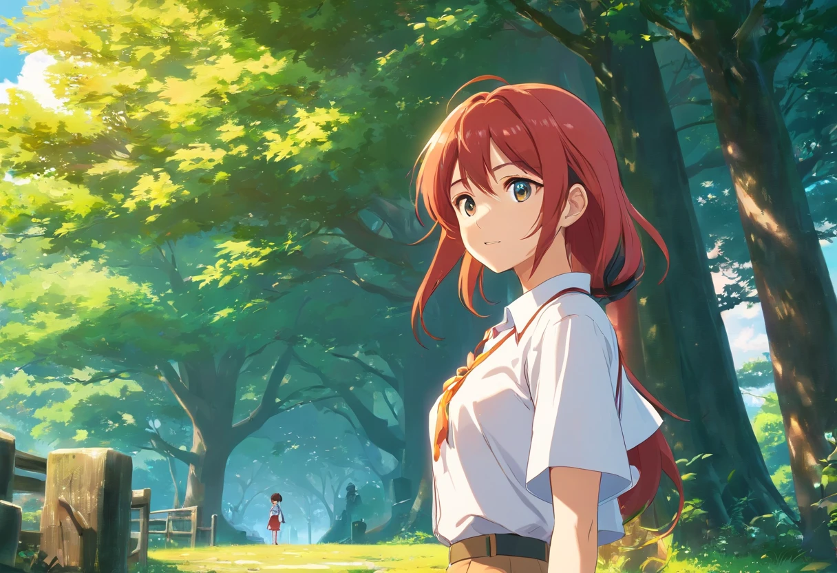 A girl with red hair and white blouse stands in front of a tree, anime style, 4K ultra-detailed, Asuka Langley Soryu, Makise Kurisu Stein's Gate anime, Asuka Langley Soryu, Kyoto Animation still, Kyoto Animation style, Asuka Langley Soryu, Asuka Langley Soryu in casual clothes, anime wallpaper, 4K anime wallpaper. (best quality, 4K, ultra-detailed, realistic:1.37), vivid colors, studio lighting.