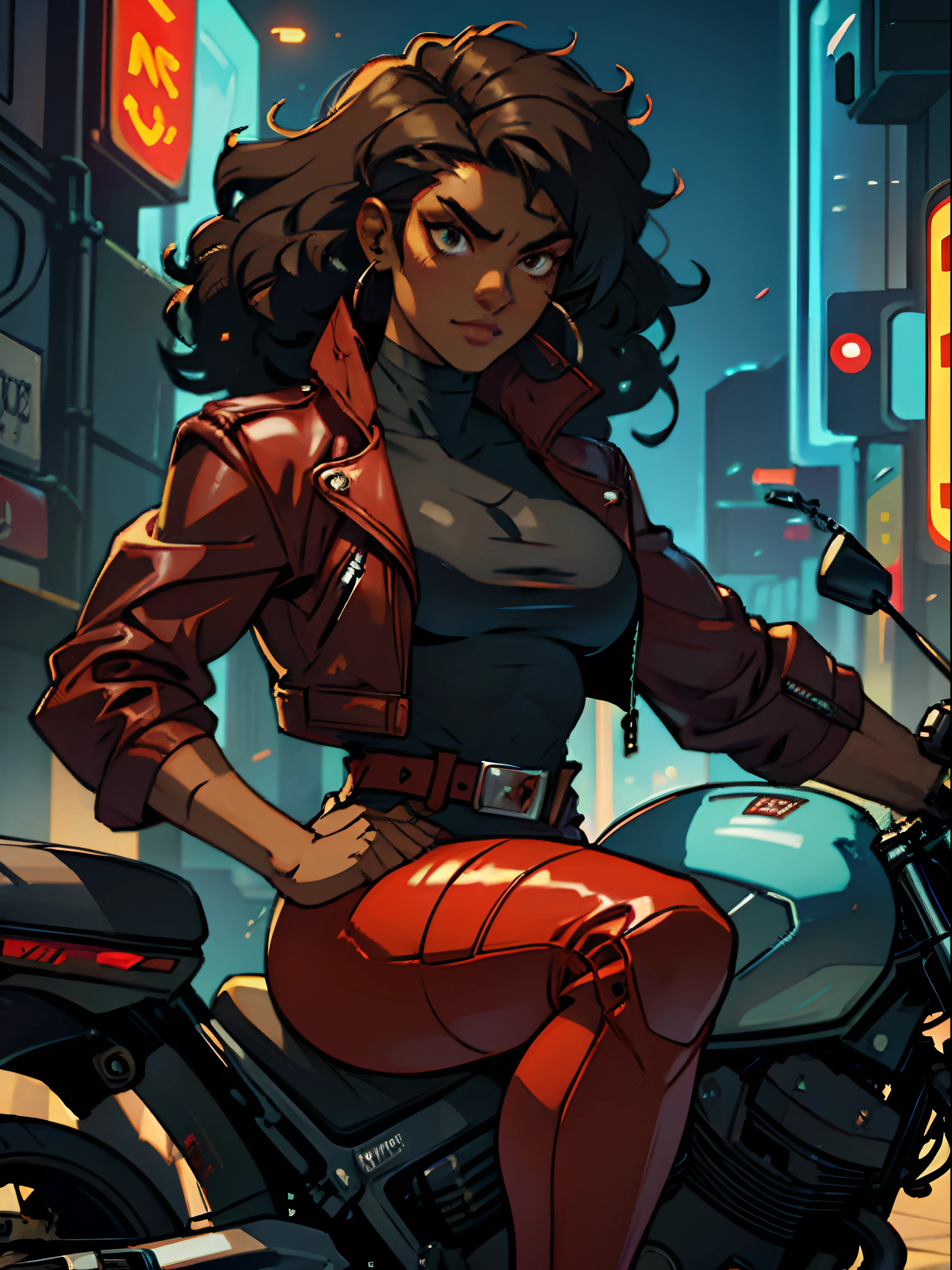 Excellent, girl, solo, color diffusion, dark skin, ebony, brown skin, dark-skinned female, thighs, dark curly hair, voluminous very curly hair, epic attire, assassin, badass, deadly, trending, demon, goddess, Super Villain, wearing a red leather jacket, Tight black pants, riding a futuristic flying motorbike, With a cyberpunk motorcycle, Masterpiece, complex details, comic book style, Strong contour