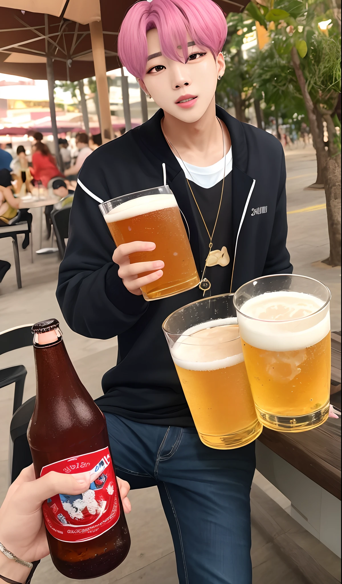Jimin do BTS bebendo uma cerveja no Rio de Janeiro com seu namorado