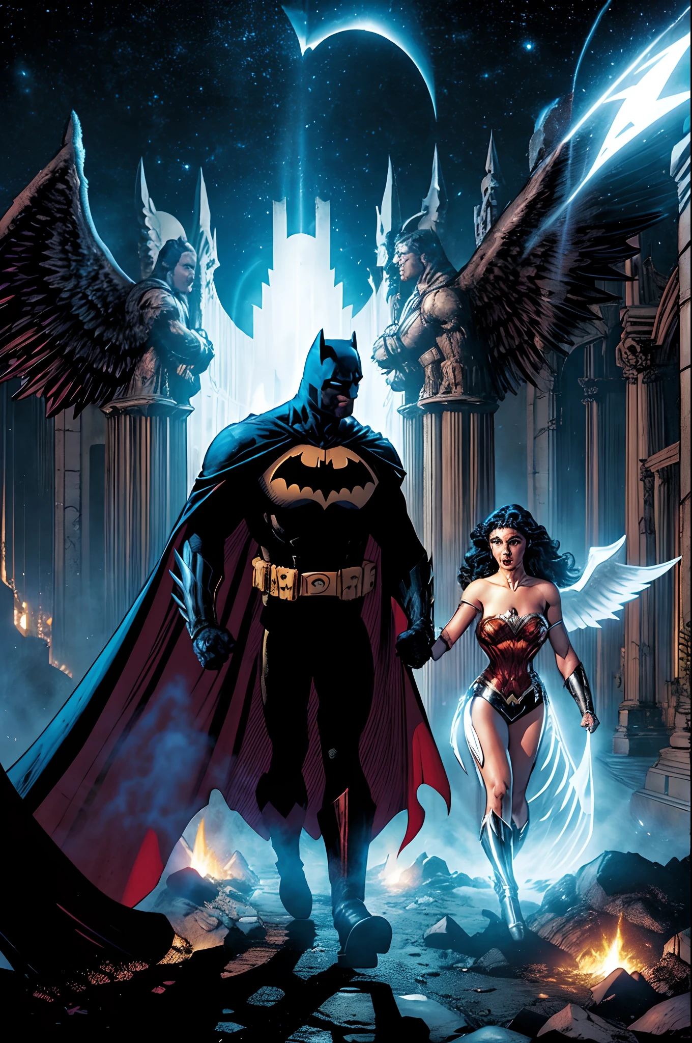 Batman esta no Inferno, Inferno de Dante,  and tries to get out of the red lavas around him with the strength of the Angels of heaven who emit white light to dry the fiery lavas on the ground so he can walk and come out of the depths of darkness, Blue and white neon lights are seen on the ground and bridge the gap between hell and Earth, at the end of his walk, Batman sees Gotha city illuminated in white light, He meets the Wonder Woman who illuminated by the angels in white and yellow, embraces him, Going beyond the gates of hell they meet Dracula who wishes to suck the blood of the two heroes