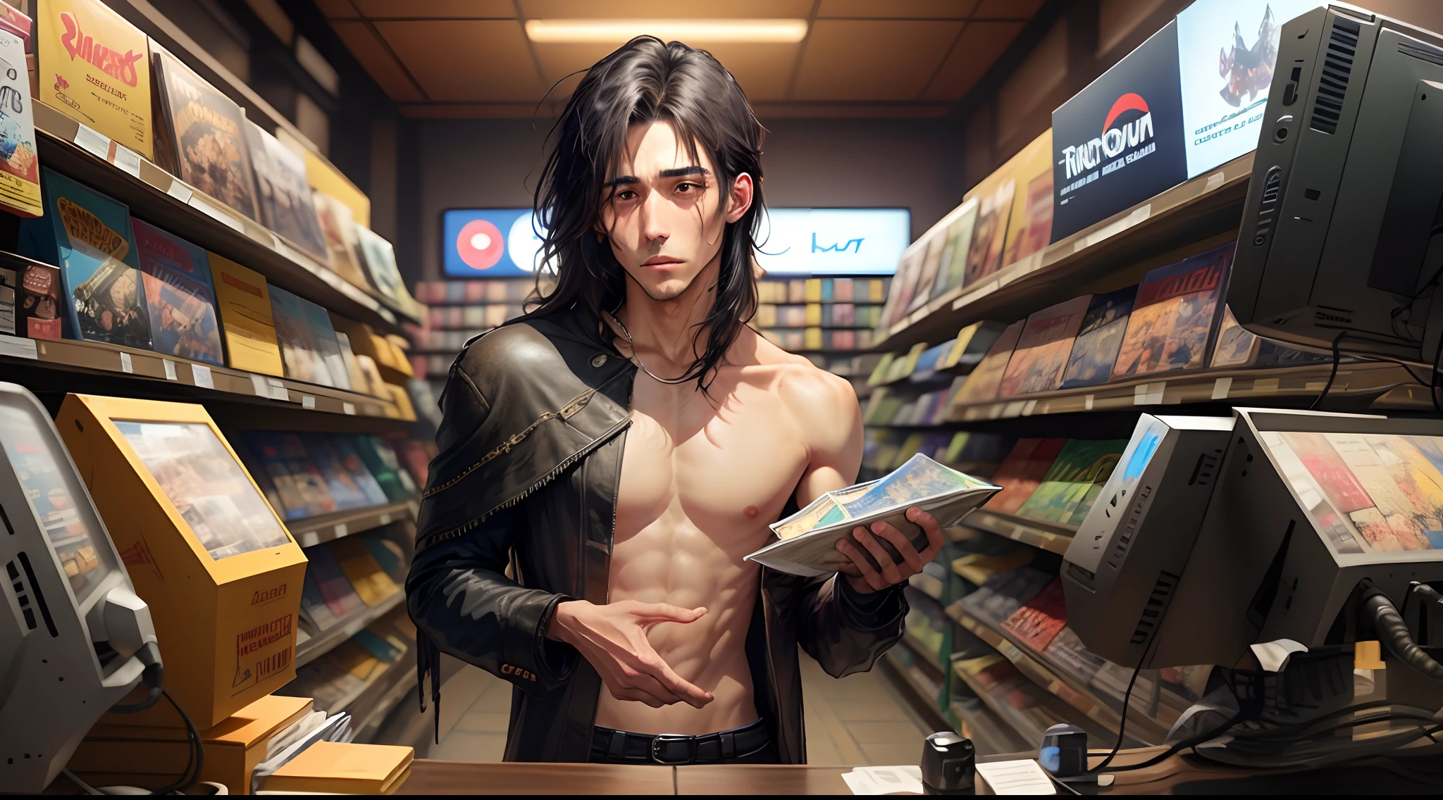 A man with black shoulder-length hair begging in front of a video game store