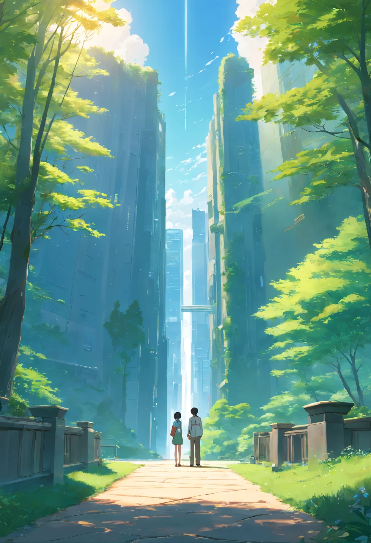 (best quality,4k,8k,highres,masterpiece:1.2),ultra-detailed,(realistic,photorealistic,photo-realistic:1.37),Ralph-McQuarrie style,Greek architecture with a sci-fi twist,lovely forest and meadow,high-rise buildings with open green spaces,oil painting style,beautiful feet,historic and romantic,loving couple standing among the scenery.