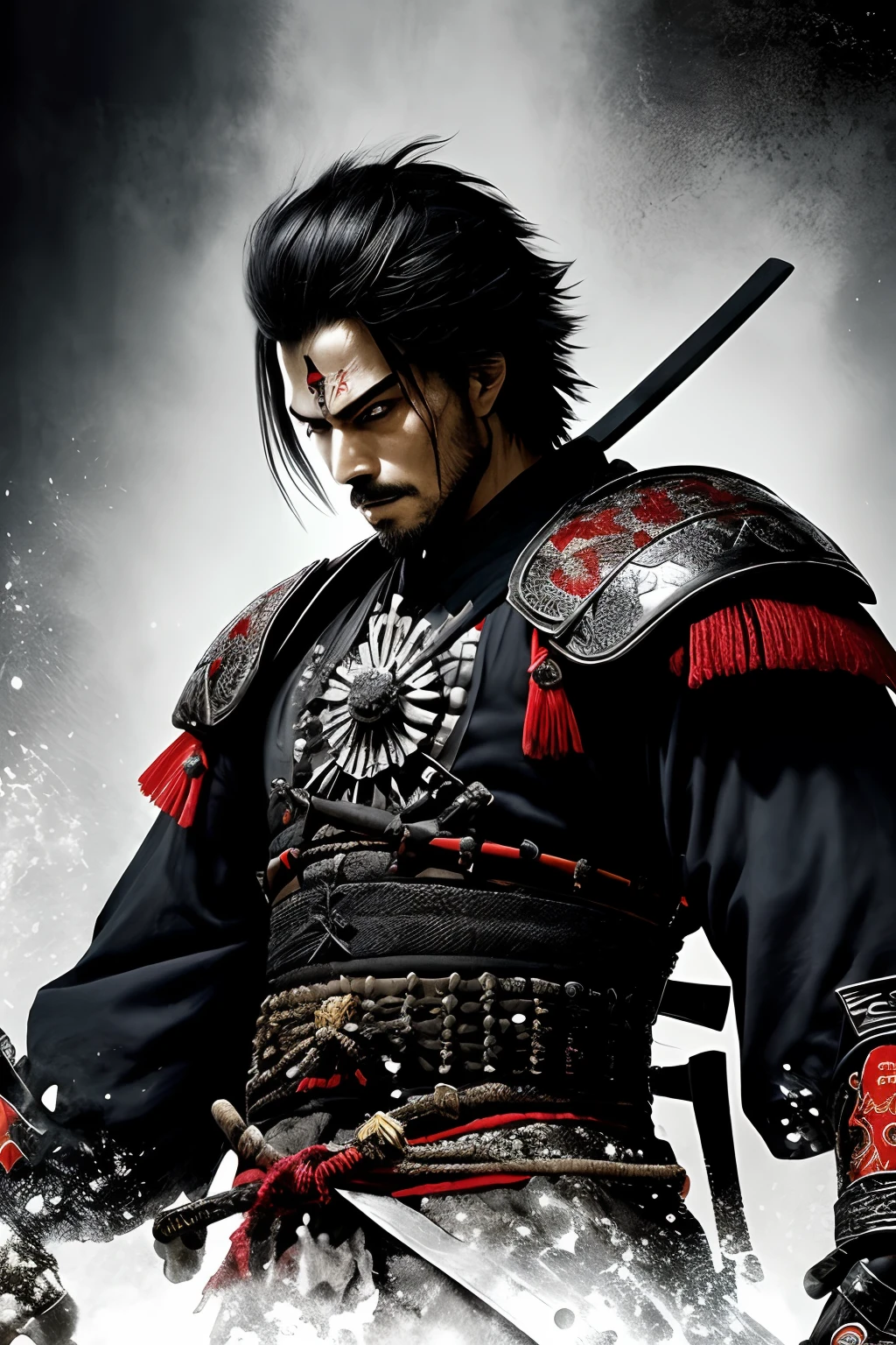 (papel de parede 8k extremamente detalhado), Uma foto de um samurai necromante, intrincado, alto detalhe, Dramatic