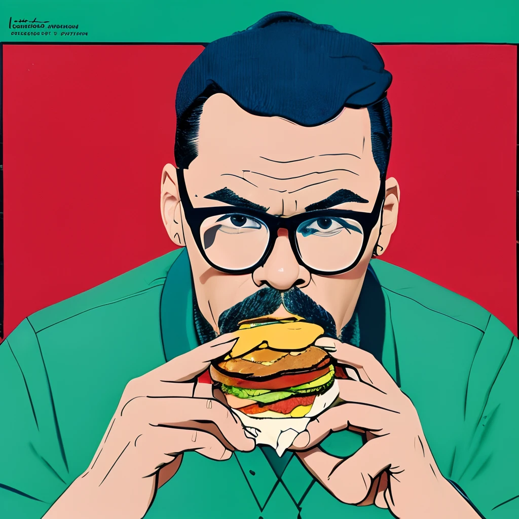 guttojugg1, if you're looking for a 2D illustration of a man with glasses enjoying a hamburger in a style reminiscent of artists from the 80s, you could consider a style inspired by the work of Patrick Nagel. Patrick Nagel was a prominent artist known for his distinctive style, often characterized by sleek, elegant lines and bold, contrasting colors. His work was popular during the 1980s and is often associated with the fashion and pop culture of that era. You could aim for an illustration that captures the essence of that time, featuring your man with glasses enjoying a hamburger in this distinct style