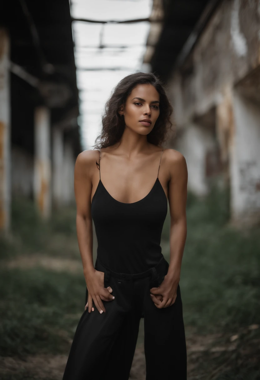 Un joven afroamericano, flaco pero con una presencia imponente, 27 years old, It is located in an abandoned warehouse in the city. Viste una chaqueta de cuero negra, sin camiseta, mostrando sus abdominales definidos. Sus cabellos cortos y estilosos, sus vaqueros y sus botas vaqueras de color rojo oscuro le dan un aire rebelde y misterioso. Sus gafas de sol circulares rojas completan su imagen intrigante.

La foto, tomada con una Fujifilm X-T4 y un objetivo de 50 mm, It's at the young man's eye level, capturando su mirada desafiante. The atmosphere of the abandoned warehouse highlights its connection to the darker side of the city. The image should convey an aura of mystery and rebellion, inspired by Erwin Blumenfeld's alternative and urban photography.

El estilo de la foto debe ser altamente detallado, with a high budget for cinematic effect. Se busca un bokeh impactante y un aspecto granulado, as if it were taken on film. The composition should be in a Cinemascope format to highlight the epic and splendid of the scene.