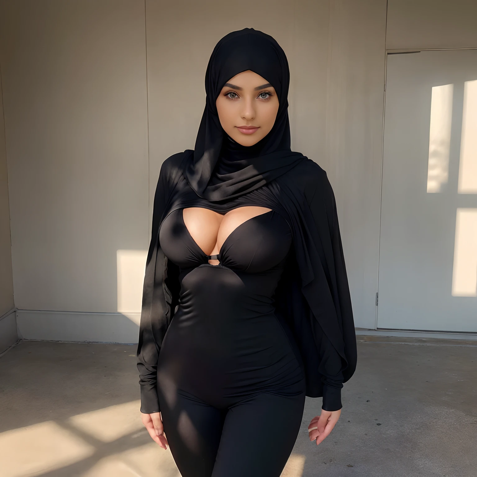 (a beautiful 21-year-old woman wearing a black hijab,tight beautifull clothing,20G boobs hide inside the clothes, confident expression, bright eyes , standing infront of camera , complete body is seen)