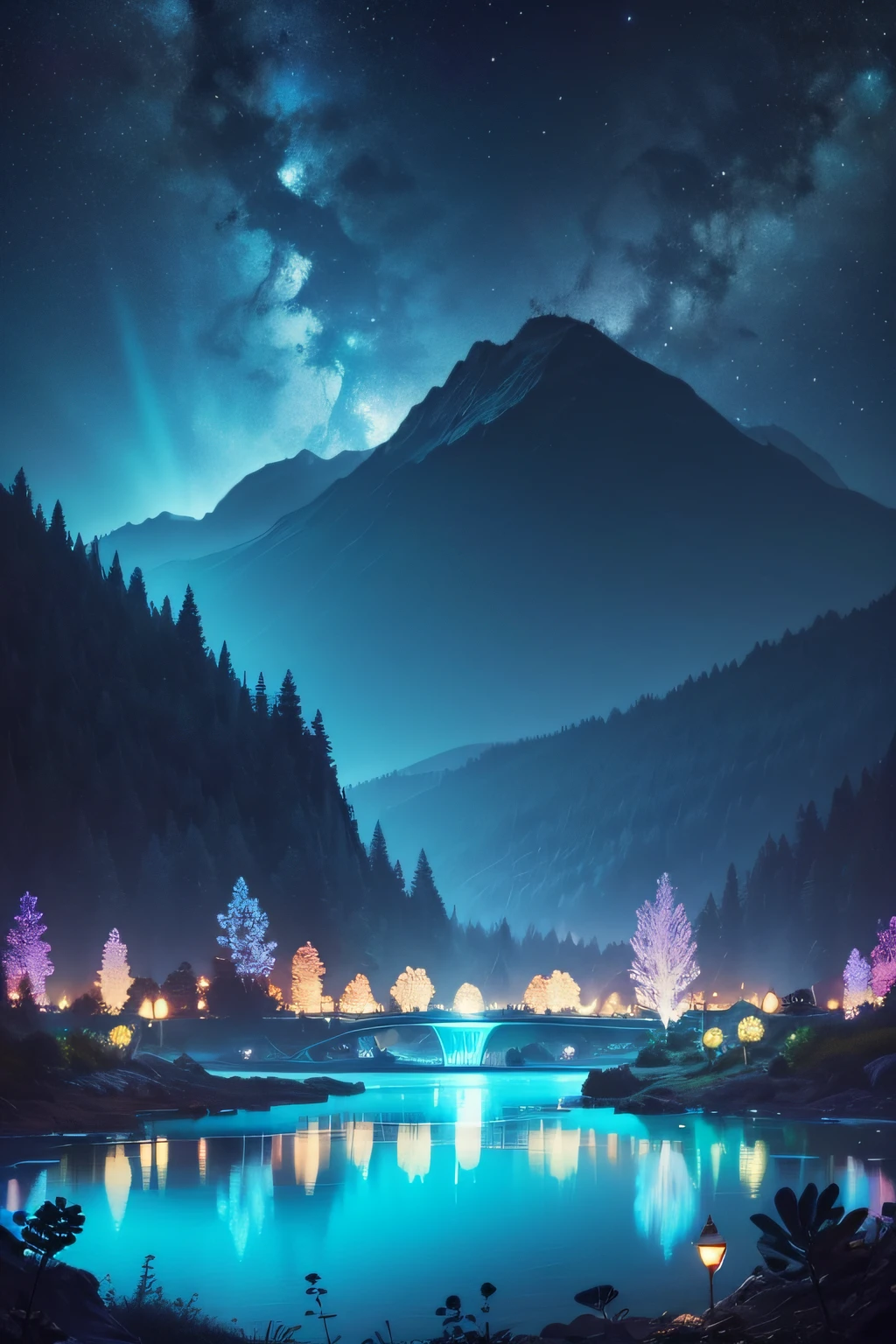 A mysterious lake with lot of bioluminescent plants and fish lot of detailed, it's beautiful and detailed. We see the galaxy in the distance