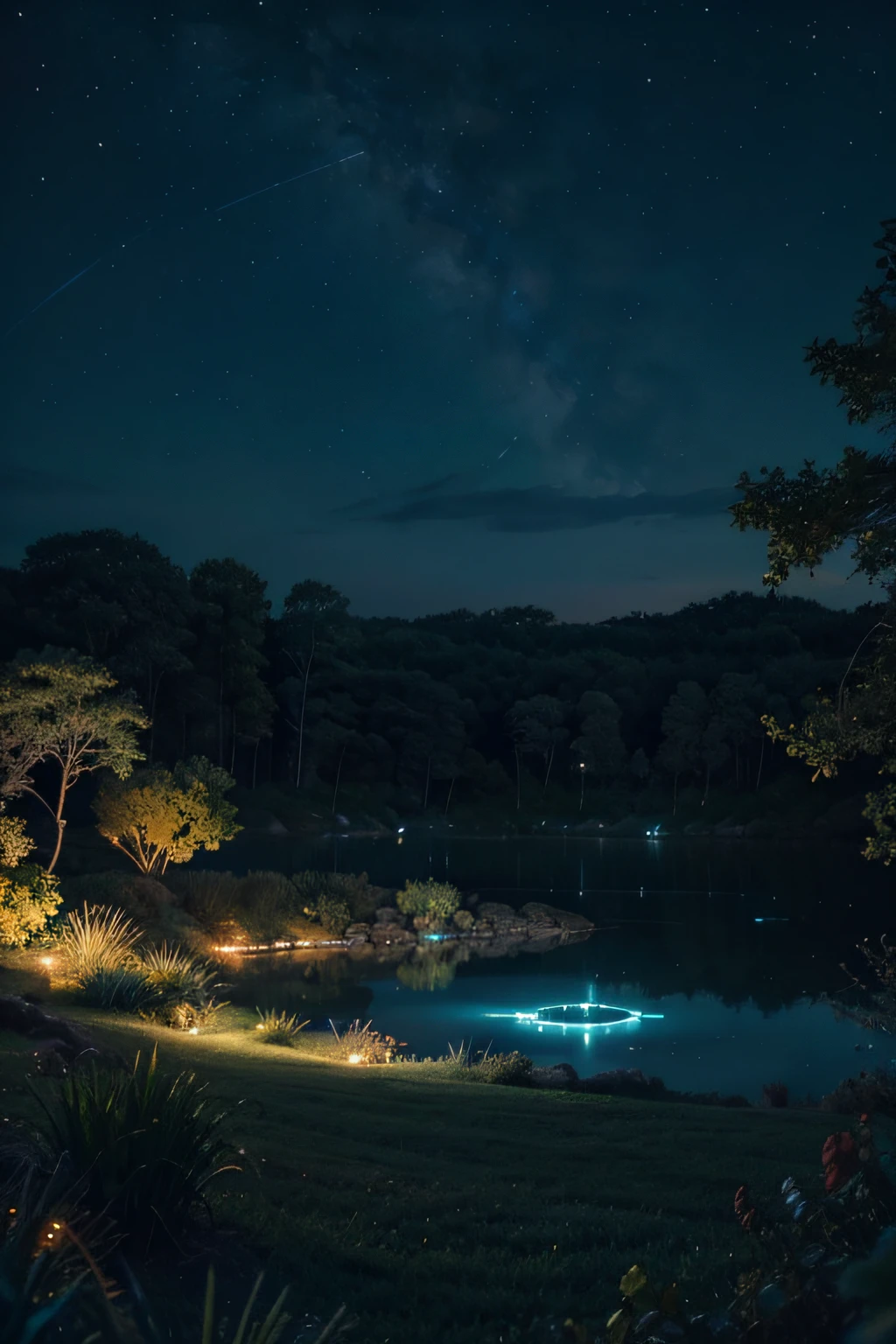 A mysterious lake with lot of bioluminescent plants and fish lot of detailed, it's beautiful and detailed. We see the galaxy in the distance