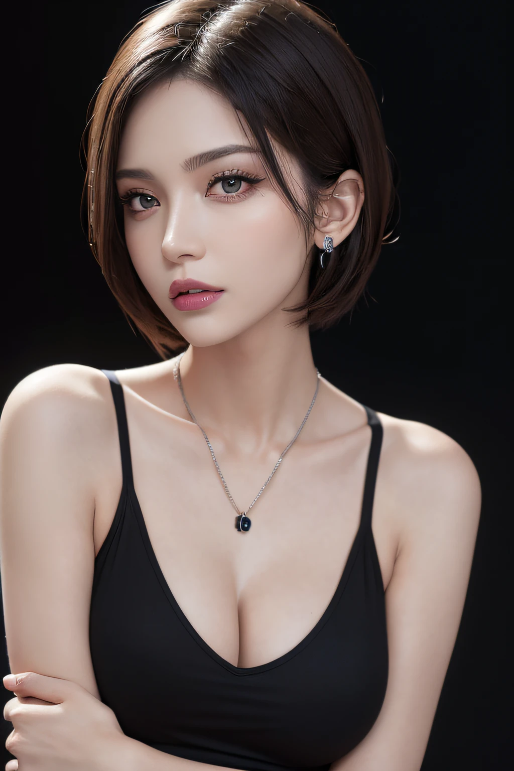 (Raw photo, High resolution, Best Quality, masutepiece:1.3), (realistic detailed, hyper realisitic, Photorealistic: 1.2), Shot with Canon EOS R6, Sharp Focus, F/1.8, mid-shot, upperbody shot, 1girl in, Very delicate and beautiful, Beautiful detailed girl, Very detailed eyes and face, Triangular face, Beautiful detailed eyes, (Slender figure, thin waist), cleavage, ((Black camisole)), Stylish pendant, Black earrings, Natural makeup, Pink shiny lips, Sweepside Stylish short hair, Perfect Style, (Morning outdoor on dark background), Ultra-realistic, Highest Quality, super detailed