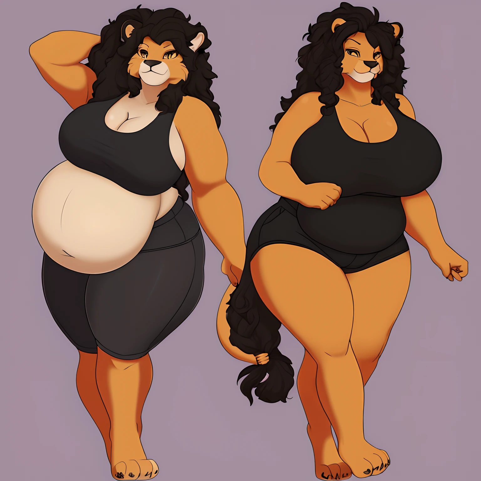 A large and chubby female anthro Lion. Her fur is dark grey and her eyes are a yellowish orange. She is tall and has a chubby yet sturdy body. She wears a black tank top and black shorts while barefooted. She also has nice long and curly black hair.