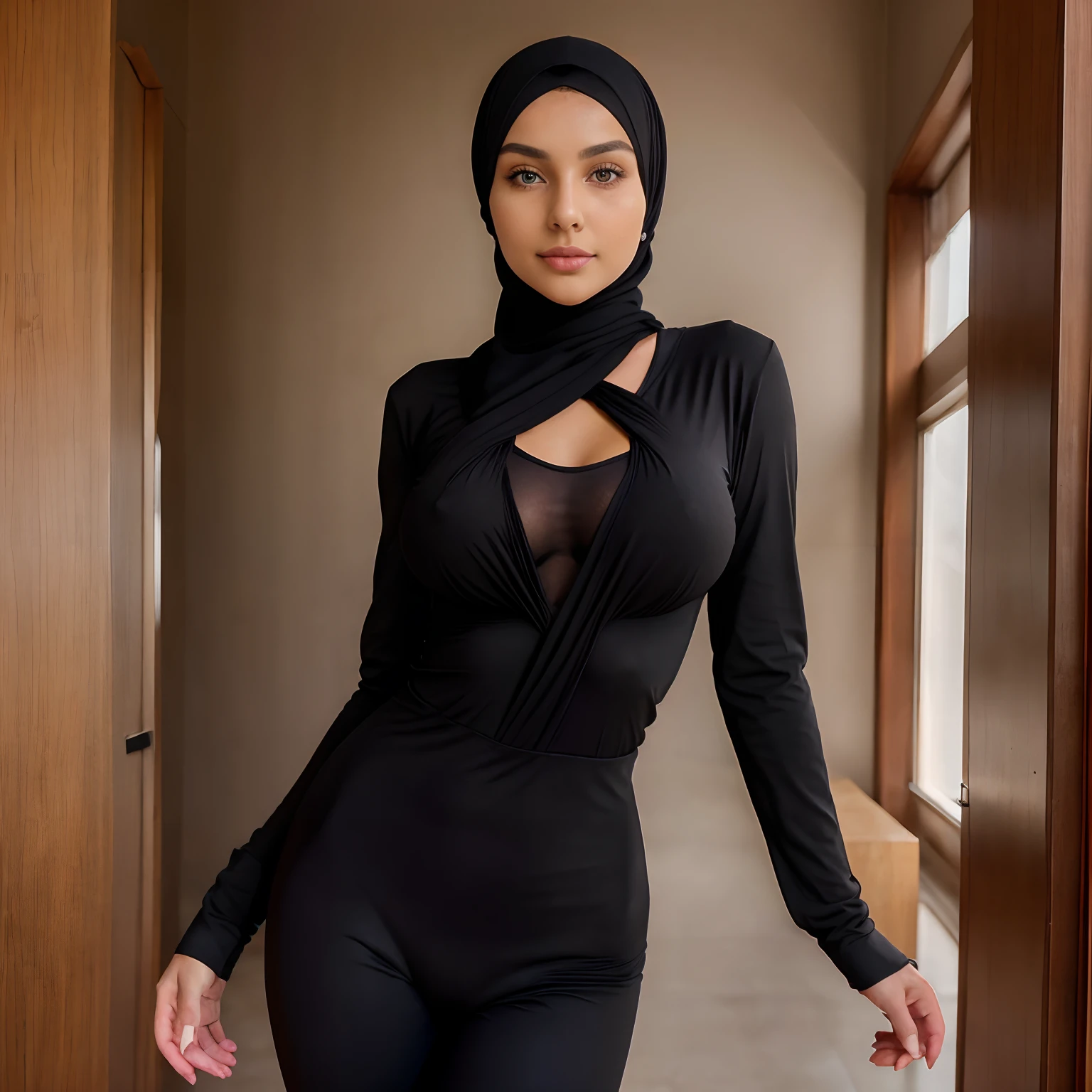 (a beautiful 21-year-old woman wearing a black hijab,tight beautifull clothing,20G boobs hide inside the clothes, confident expression, bright eyes , standing infront of camera , complete body is seen)