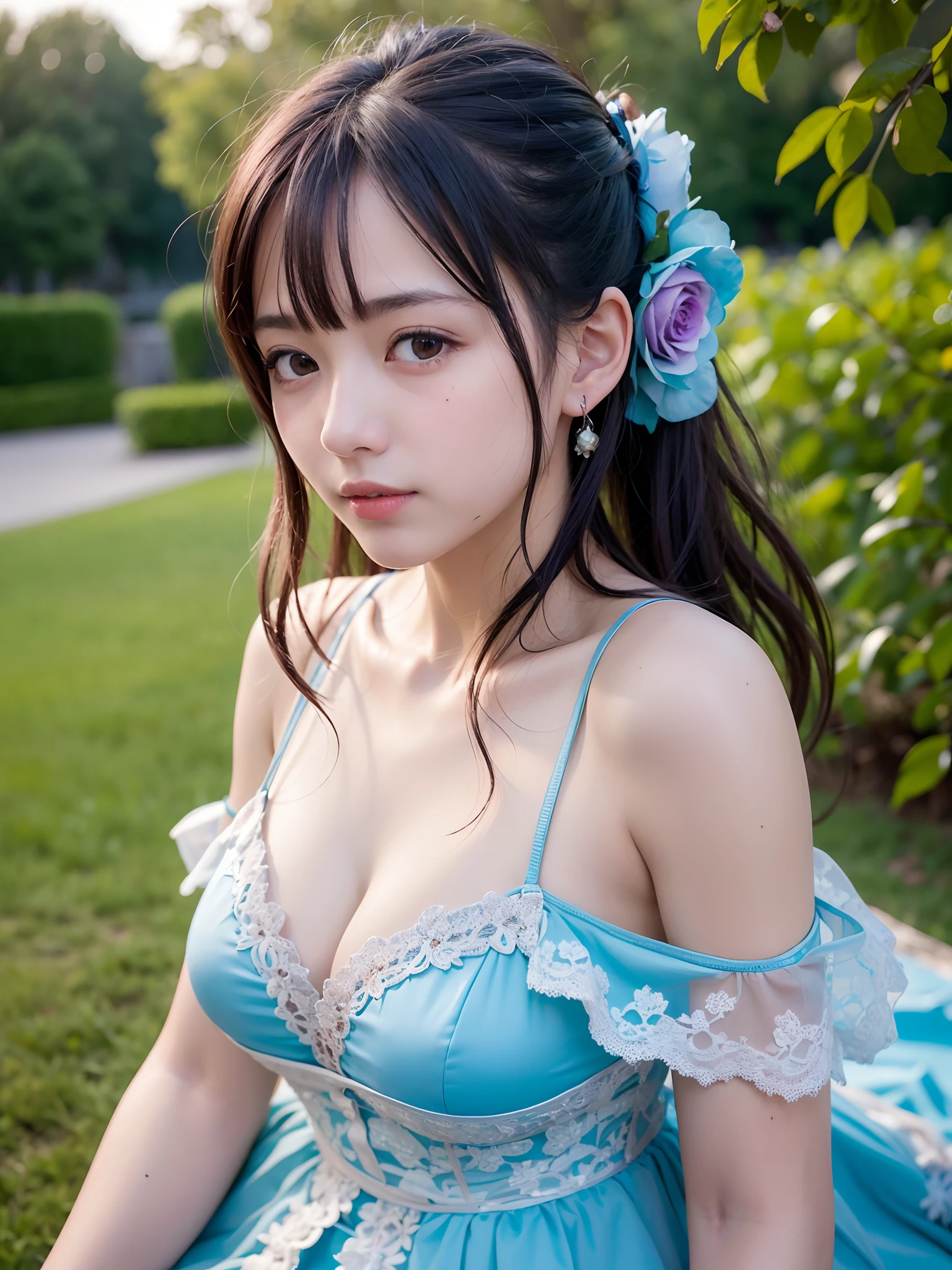 (best quality:1.4), 8K, ultra high definition, (ultra high res:1.2), absurdres:1.2, (raw photo1.2), (realistic, photo realistic:1.4), (masterpiece:1.3), (intricate details:1.2), 1 nogizaka girl, utterly cute, (bishojo:1.35), (15yo:1.4), ultra detailed beautiful eyes and face and skin, perfect shiny skin, perfect skin, fair skin, medium breasts, ultra detailed black short ponytail, cinematic lighting, smile at the camera, cowboy shot, (alice and the pirates fashion:1.1), ultra detailed beautiful dress, cleavage, open chest, (hair accessory with blue rose), petit trianon garden and farmhouse, view a village and lake, ultra detailed background