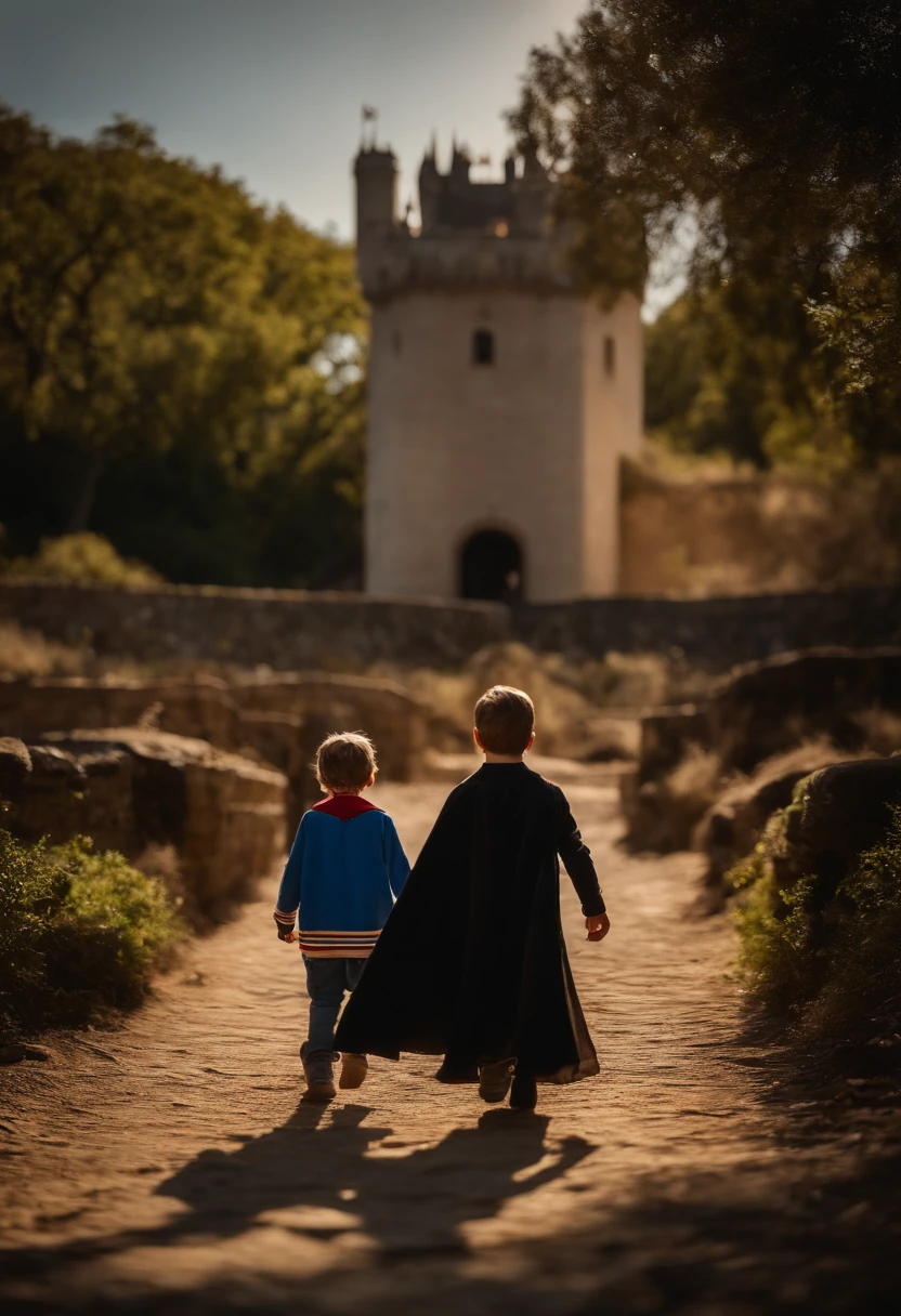 Image with two children, se encaram frente a frente uma vestida com a camisa do batman e um sabre de luz negra e a outra com a camisa do superman e um sabre de luz azul. Ao fundo uma paisagem com um castelo feito de cartas de baralho e na torre desse castelo um princesa, jogando confetes.