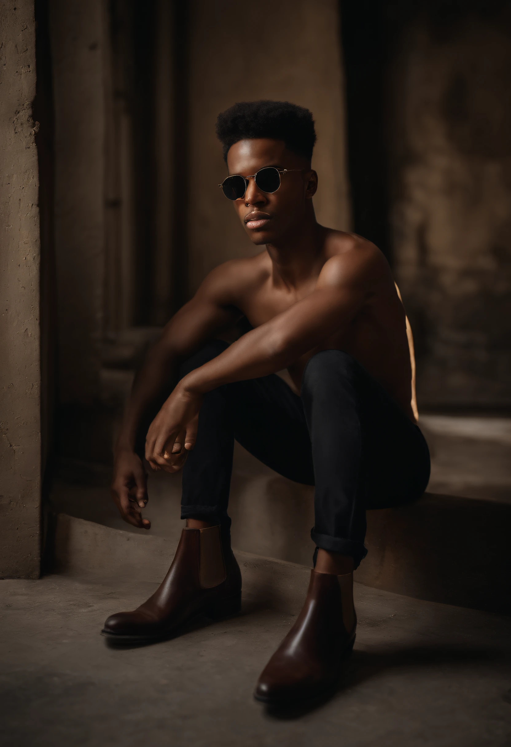 Un joven afroamericano, flaco pero con una presencia imponente, 27 years old, It is located in an abandoned warehouse in the city. Viste una chaqueta de cuero negra, sin camiseta, mostrando sus abdominales definidos. Sus cabellos cortos y estilosos, sus vaqueros y sus botas vaqueras de color rojo oscuro le dan un aire rebelde y misterioso. Sus gafas de sol circulares rojas completan su imagen intrigante.
La foto, tomada con una Fujifilm X-T4 y un objetivo de 50 mm, It's at the young man's eye level, capturando su mirada desafiante. The atmosphere of the abandoned warehouse highlights its connection to the darker side of the city. The image should convey an aura of mystery and rebellion, inspired by Erwin Blumenfeld's alternative and urban photography.
El estilo de la foto debe ser altamente detallado, with a high budget for cinematic effect. Se busca un bokeh impactante y un aspecto granulado, as if it were taken on film. The composition should be in a Cinemascope format to highlight the epic and splendid of the scene.