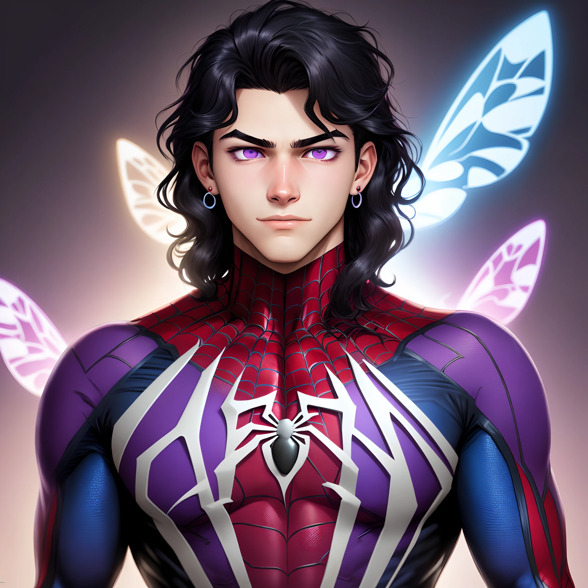 Spiderman comics art style : a boy with semi-long puffy black hair, thin eyebrows and purple eyes. He has a purple and black Spider-Man suit. He’s wearing purple earrings in cristal. He has glowing butterflies surrounding him. He has a serious expression on his face.