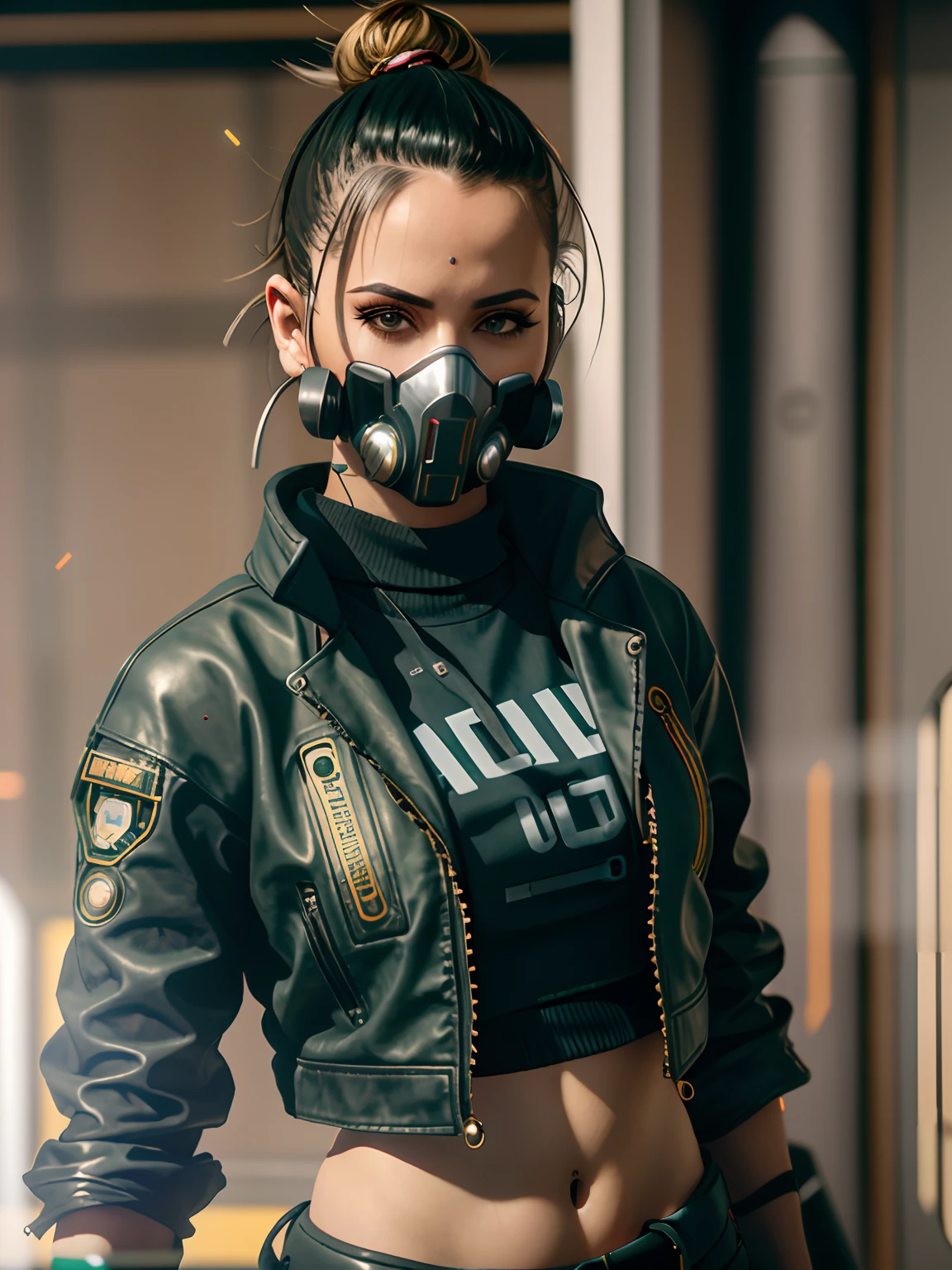 Arafed woman in a gas mask and leather jacket, estilo cyberpunk hiper-realista, Judy Alvarez cyberpunk, Wojtek FUS, arte do personagem do motor irreal, Cyberpunk feminino ruivo, Amazing 8K character concept art, arte do personagem Cyberpunk, personagem cyberpunk, Cyberpunk 2 0 e. o modelo menina, CGSetividade 8K, CGSetalidade 8K, CGSetividade 8K, Lutando, tiroteio, Usando Arma, batalha,