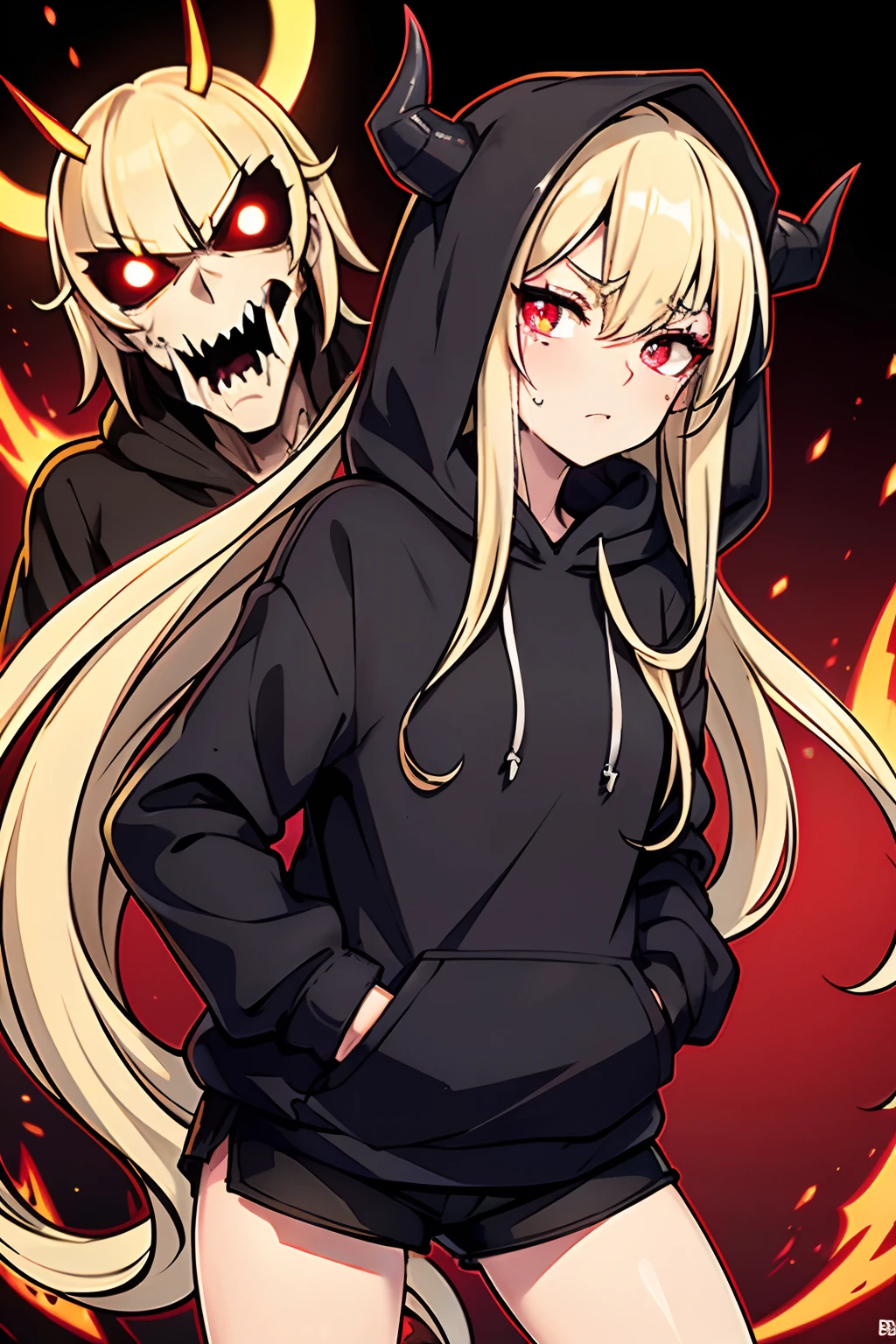 best quality, expressive eyes, perfect face, small shorts, sleek legs, black hoodie, hood over head, hood raised, long blonde hair, glowing eyes, red eyes, side glance, hands in pockets, gothic sweater, goth, demon, demonic, demon-like features, beautiful face, crazed eyes, Yandere, insane, looking injured, in pain, frustrated, detailed eyes, beautiful eyes, smooth eyes, needing help, crying