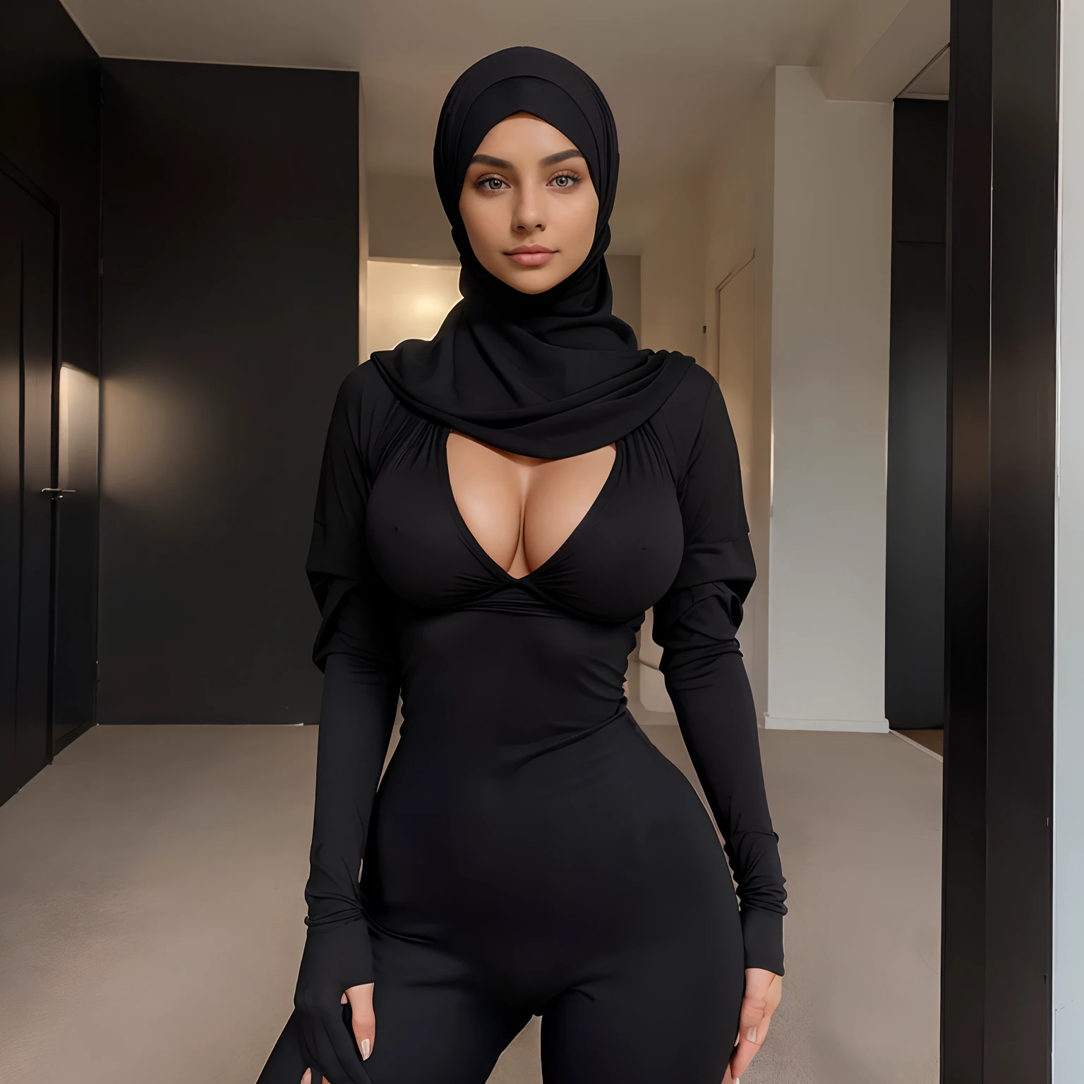 (a beautiful 21-year-old woman wearing a black hijab,tight beautifull clothing,20G boobs hide inside the clothes, confident expression, bright eyes , standing infront of camera , complete body is seen)