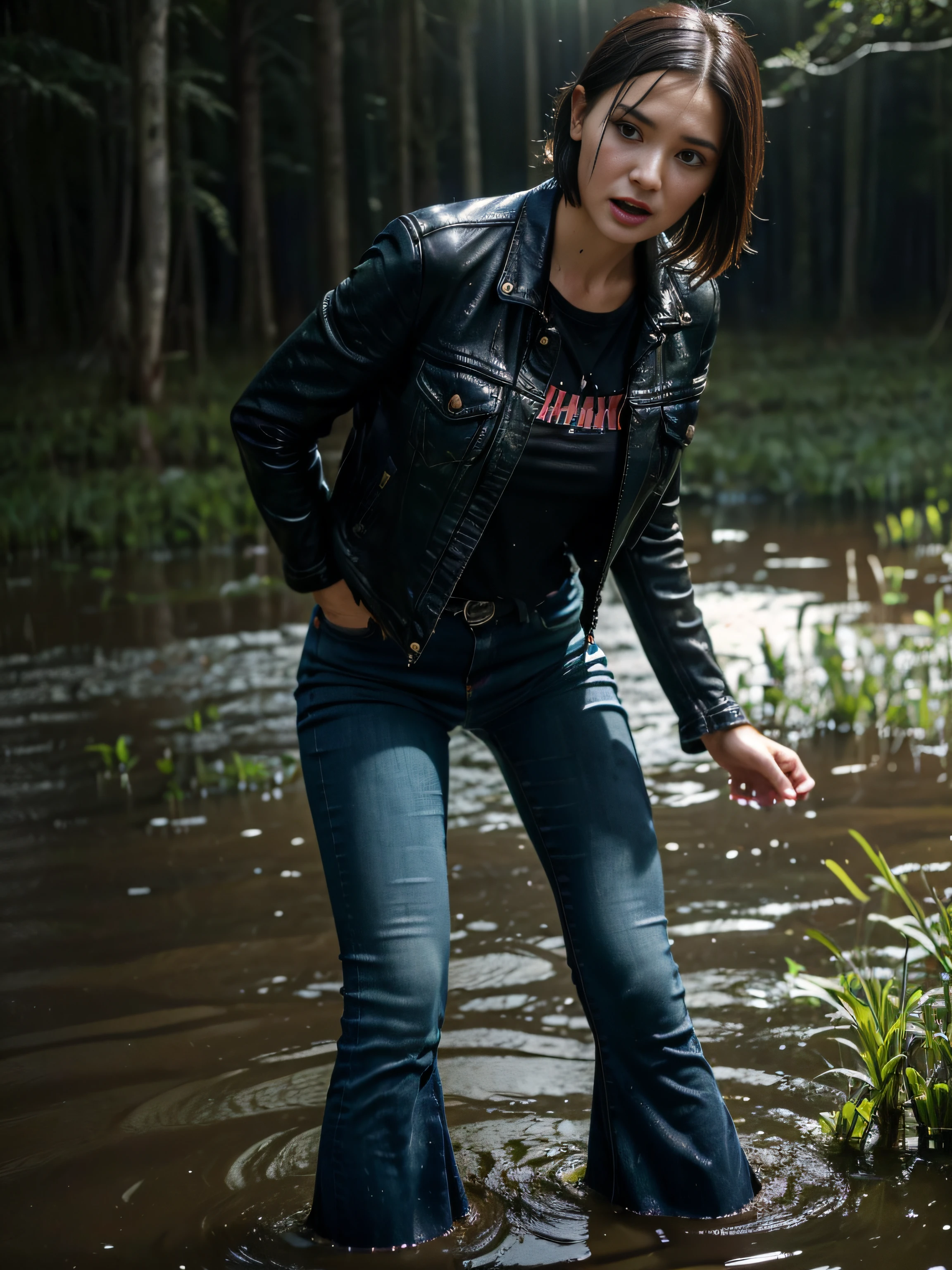 (Wide flares on jeans:1.1), (Blot your clothes through:1.1), (Best Quality,hight resolution,bokeh:1.2),(Milf),(Standing at full height up to your ankles in a swamp:1.0),Pronounced wrinkles,Bob haircut,Detailed eyes and face,leather jacket,expression of despair,电影灯光,desperation,(Drowning in a swamp below the knee:1.2), Posing